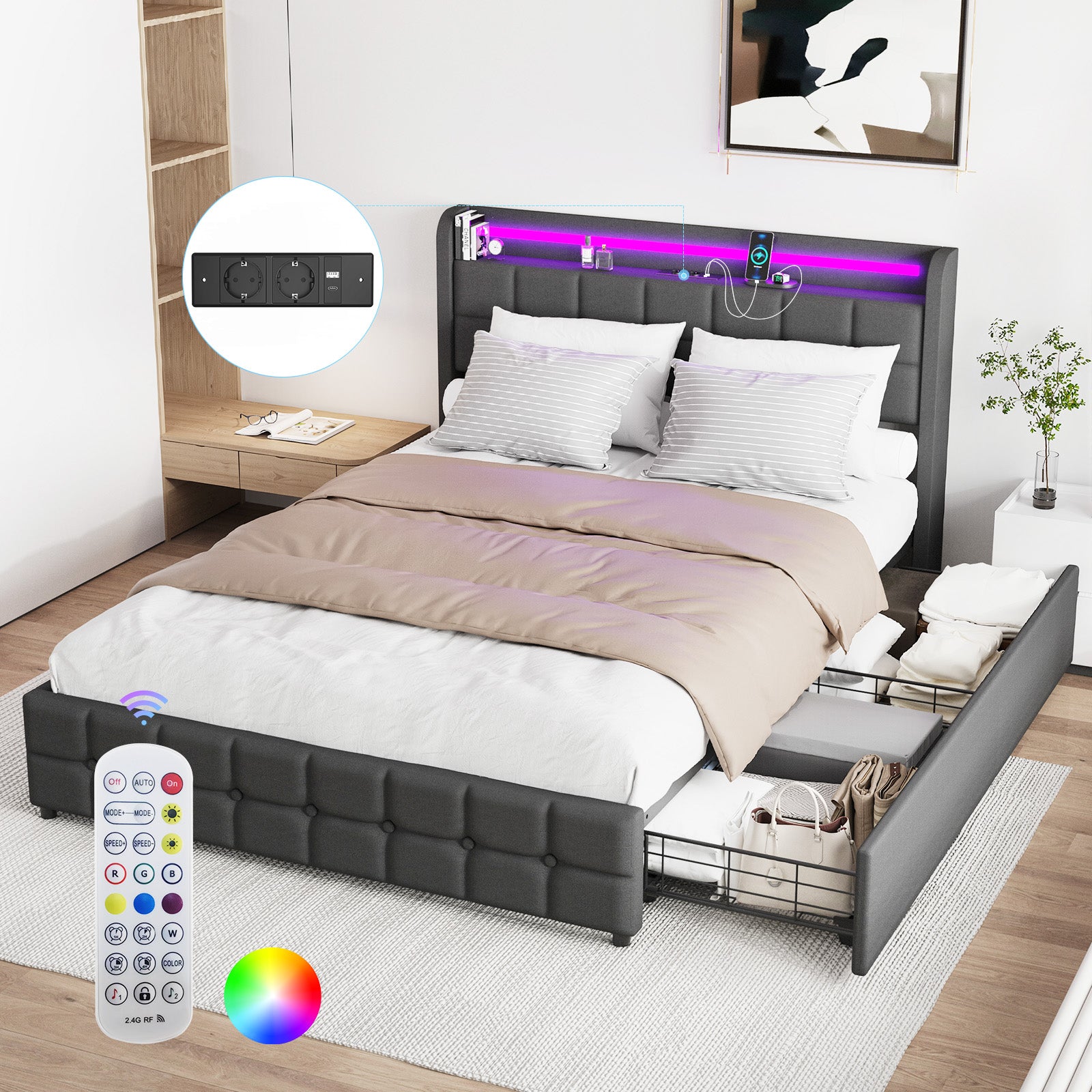 Double Side Drawers Bed Frame,LED Strip Lighting,90 x 200 cm