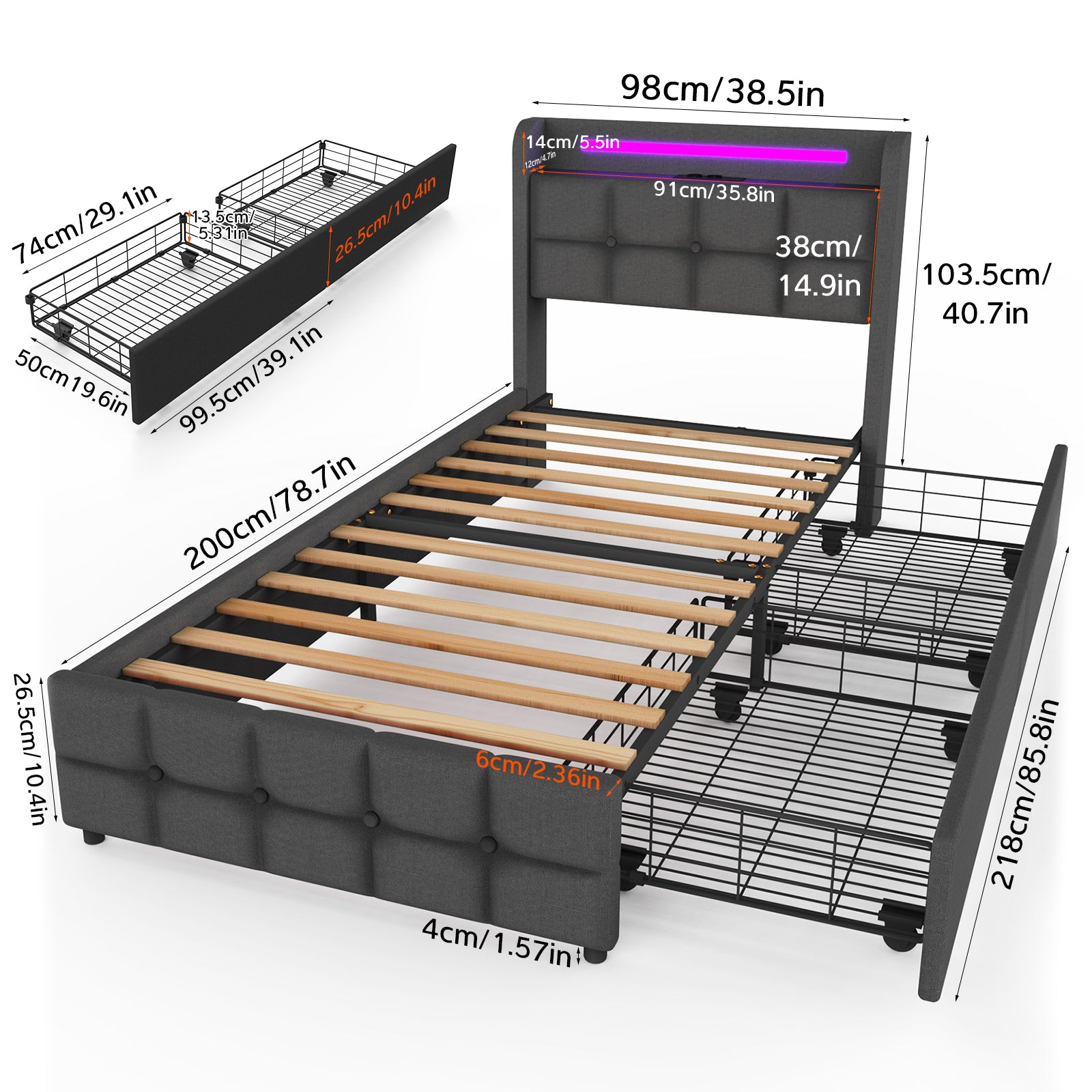 Double Side Drawers Bed Frame,LED Strip Lighting,90 x 200 cm