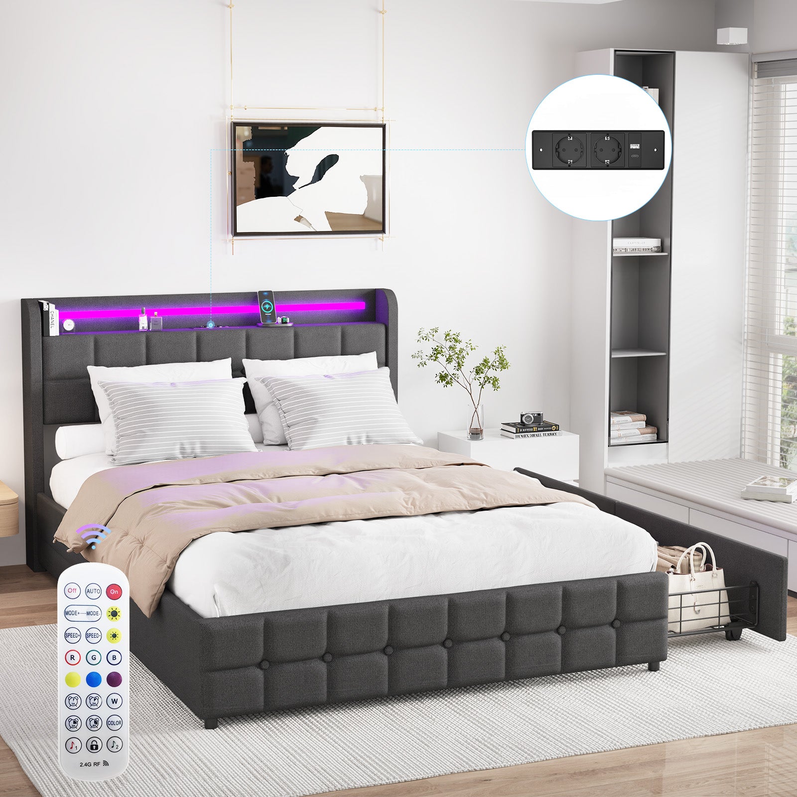 Double Side Drawers Bed Frame,LED Strip Lighting,90 x 200 cm