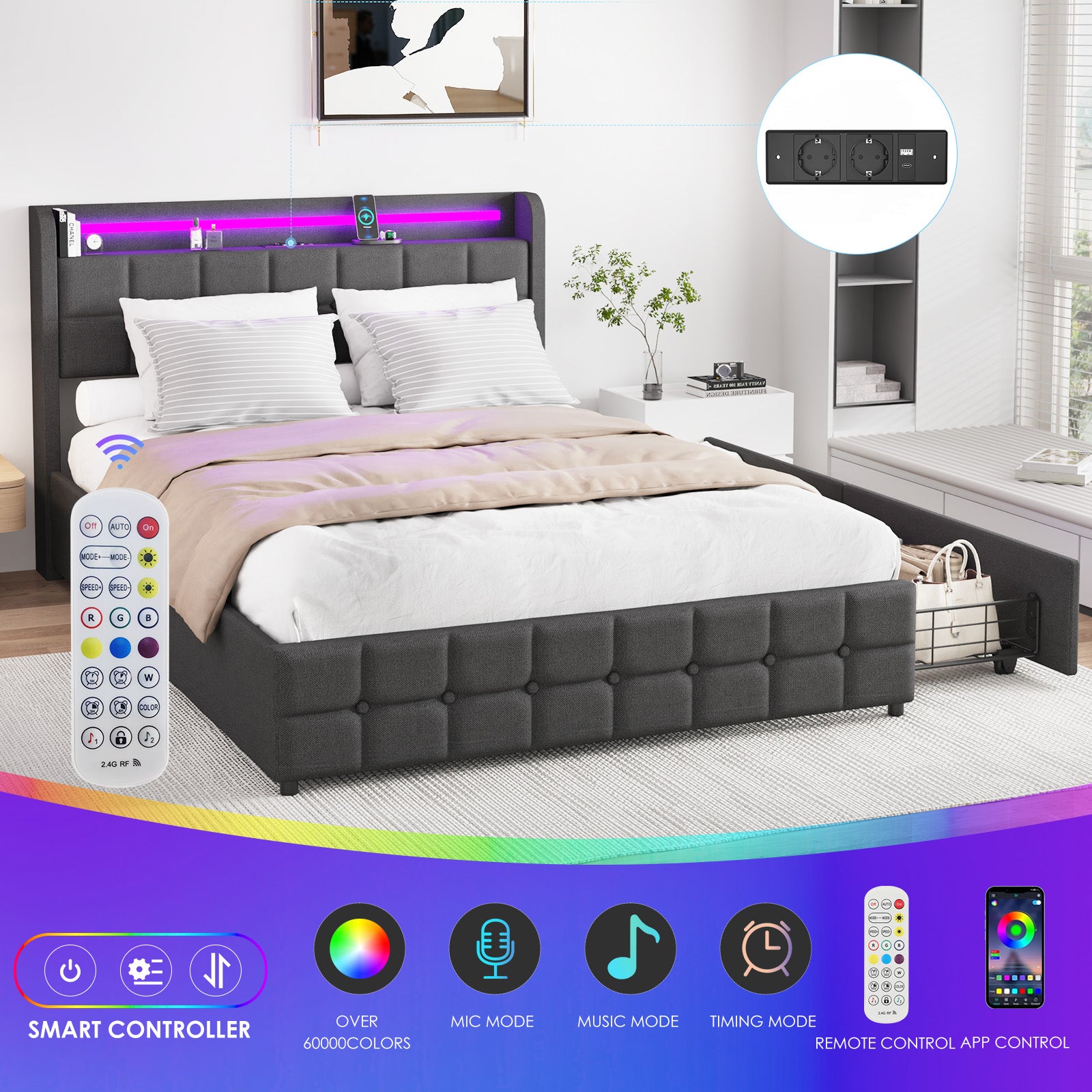 Double Side Drawers Bed Frame,LED Strip Lighting,90 x 200 cm