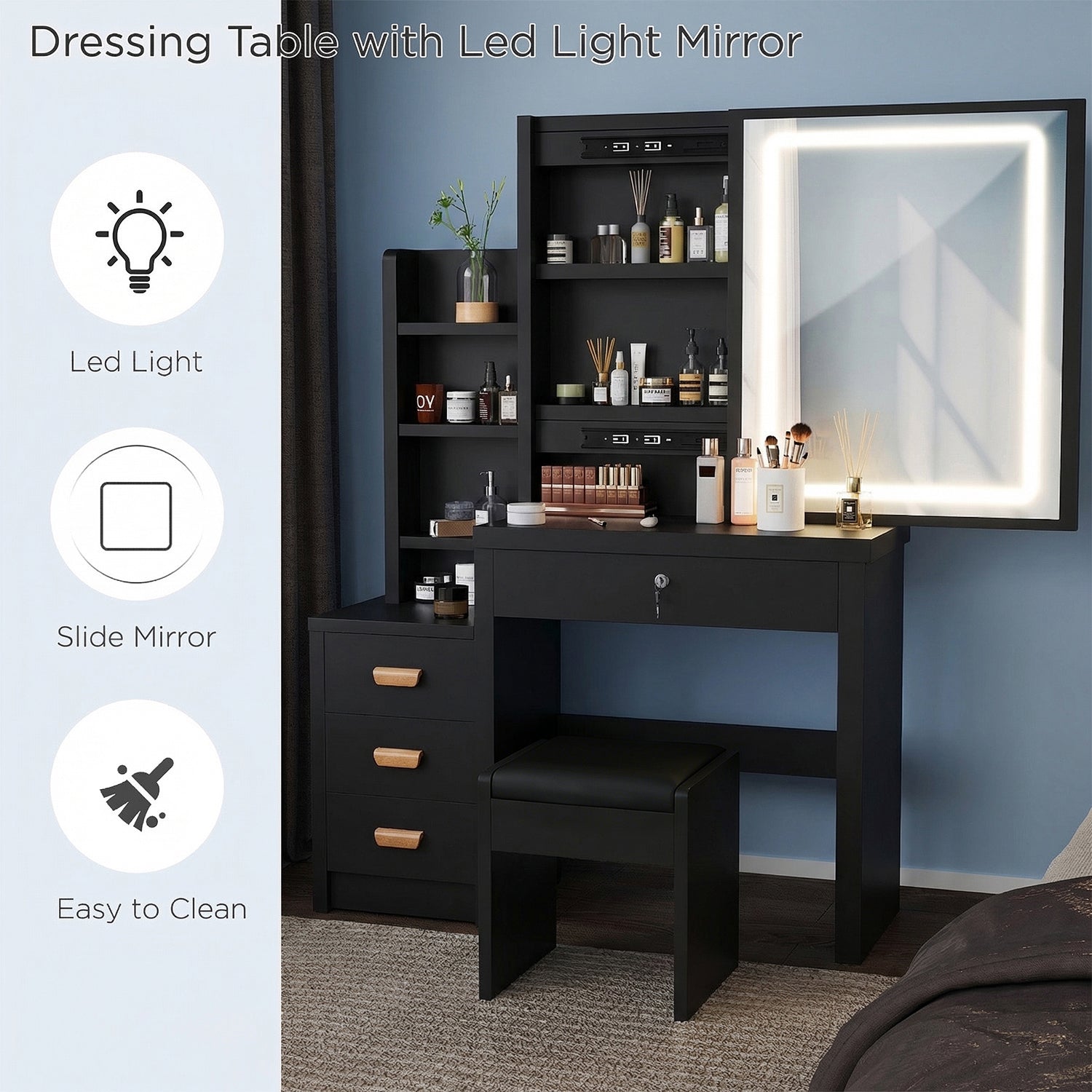 Vanity Desk with Mirror,with LED Lights and Adjustable Brightness