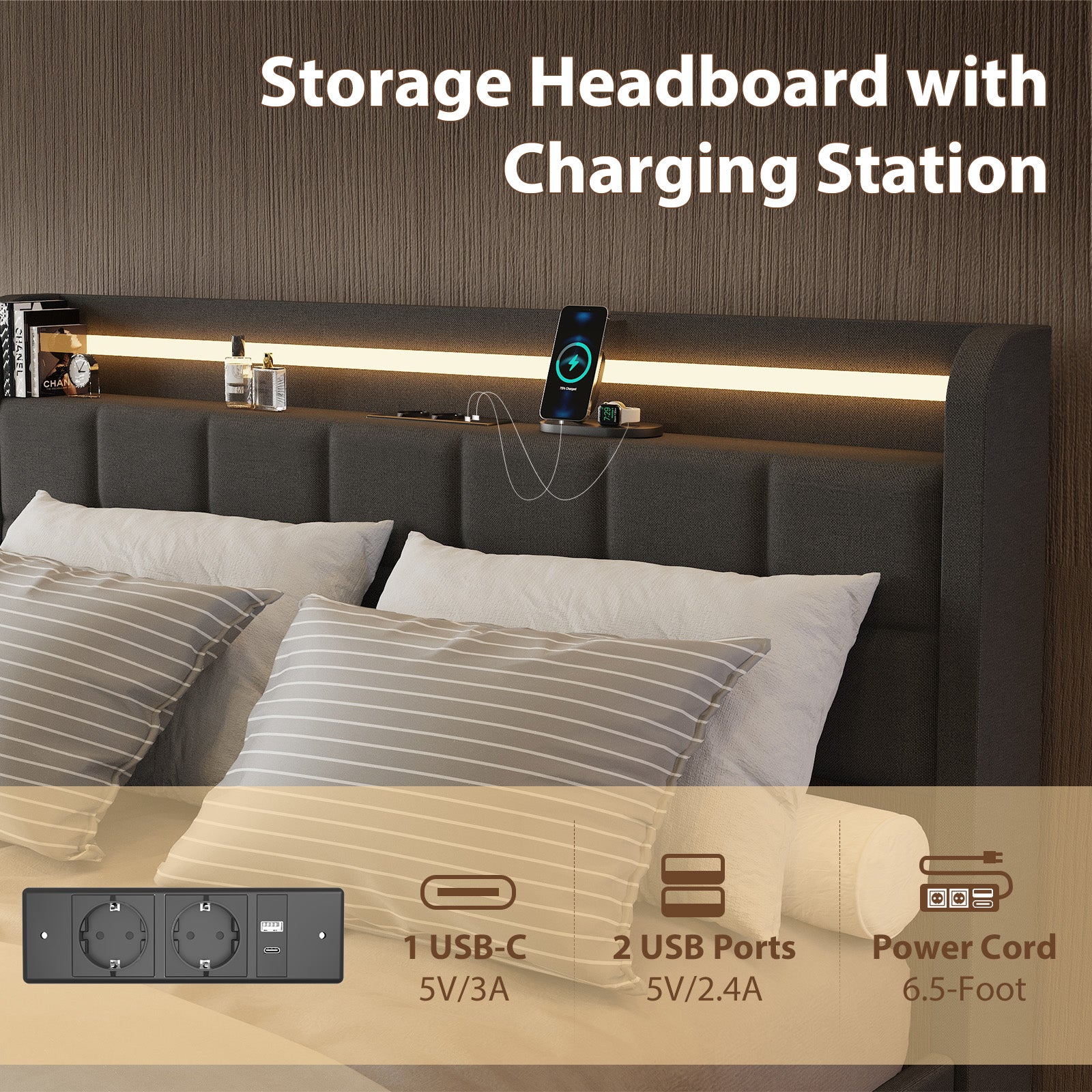 Double Side Drawers Bed Frame,LED Strip Lighting,90 x 200 cm