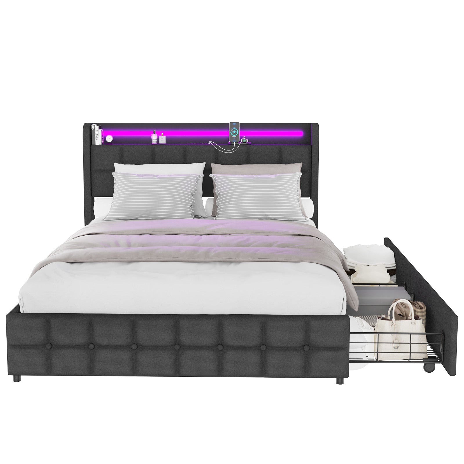 Double Side Drawers Bed Frame,LED Strip Lighting,90 x 200 cm