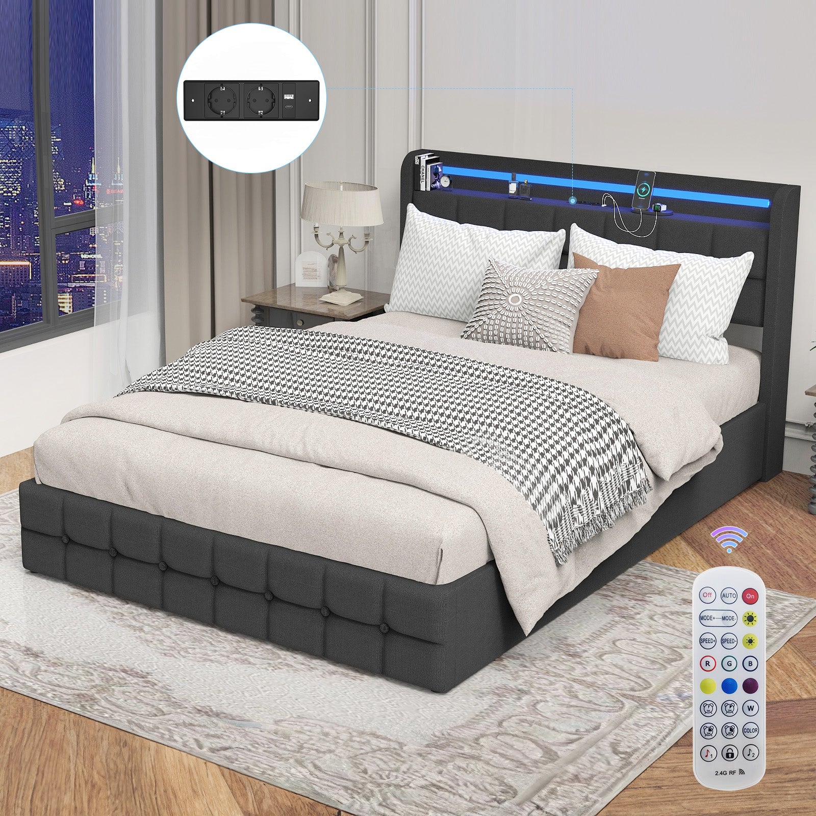 Double Side Drawers Bed Frame,LED Strip Lighting,90 x 200 cm