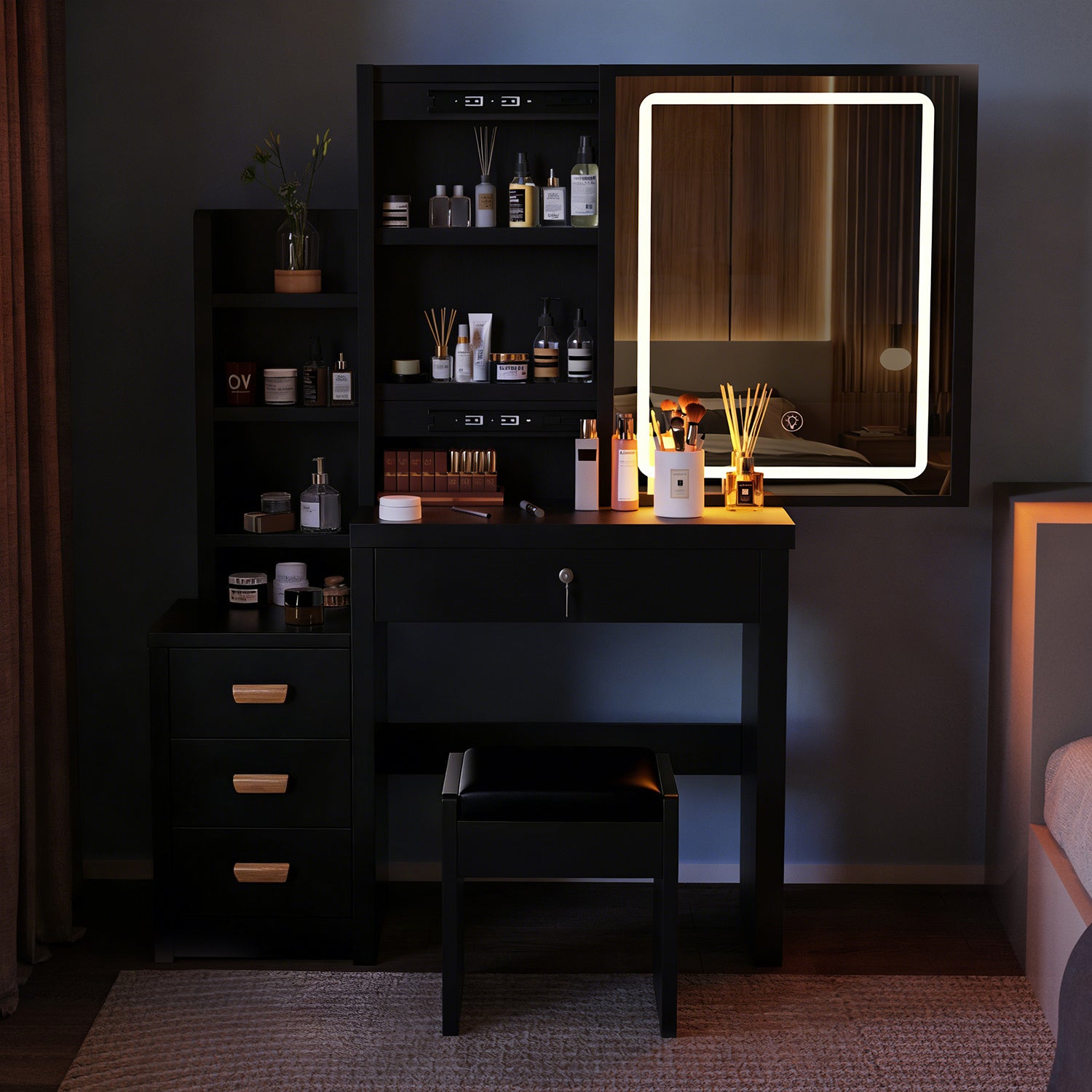 Vanity Desk with Mirror,with LED Lights and Adjustable Brightness
