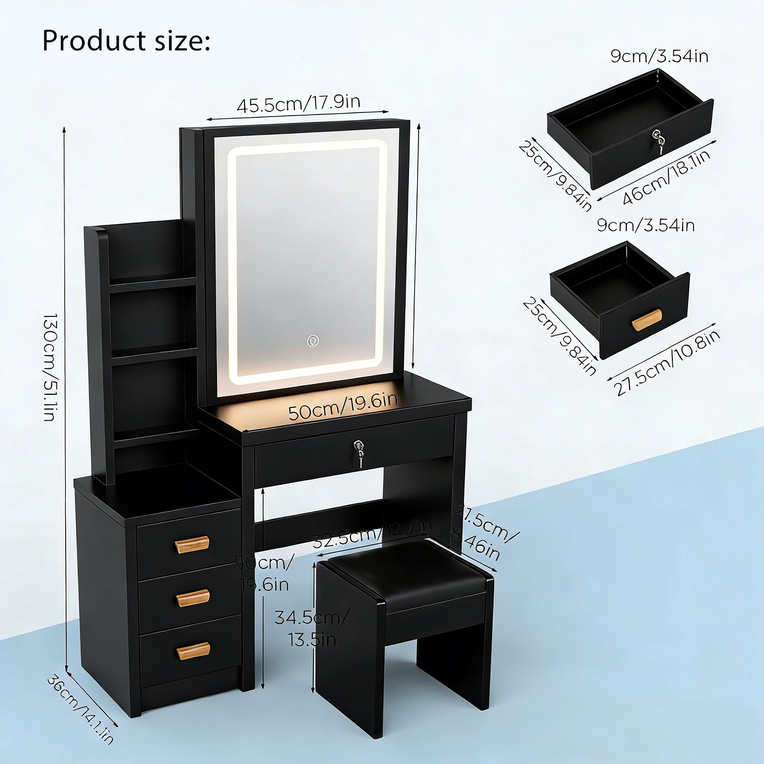 Vanity Desk with Mirror,with LED Lights and Adjustable Brightness