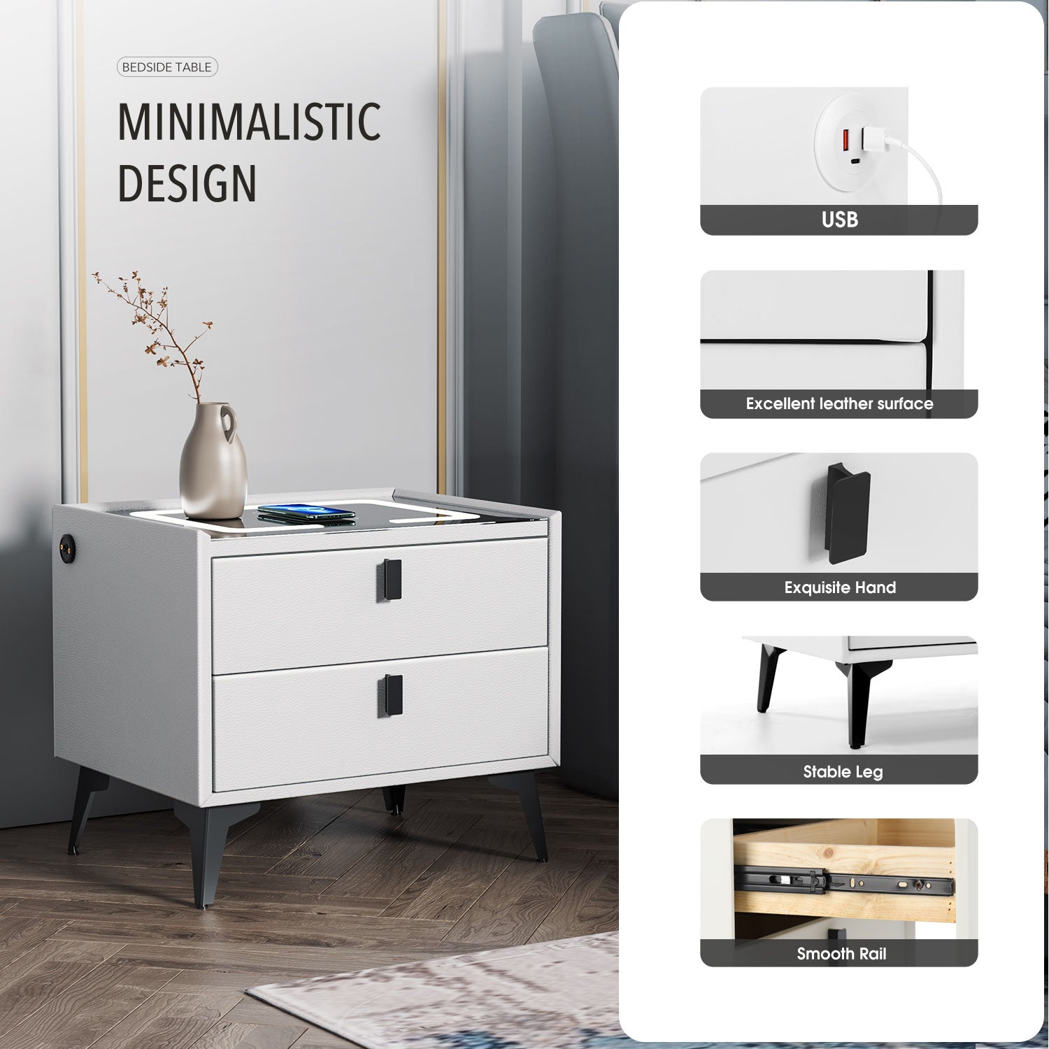 Bedside Table with Wireless Charging Function for Phones,