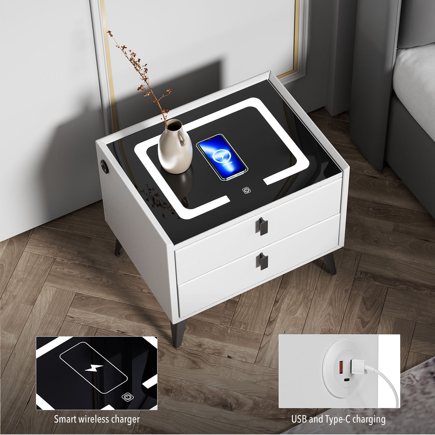 Bedside Table with Wireless Charging Function for Phones,
