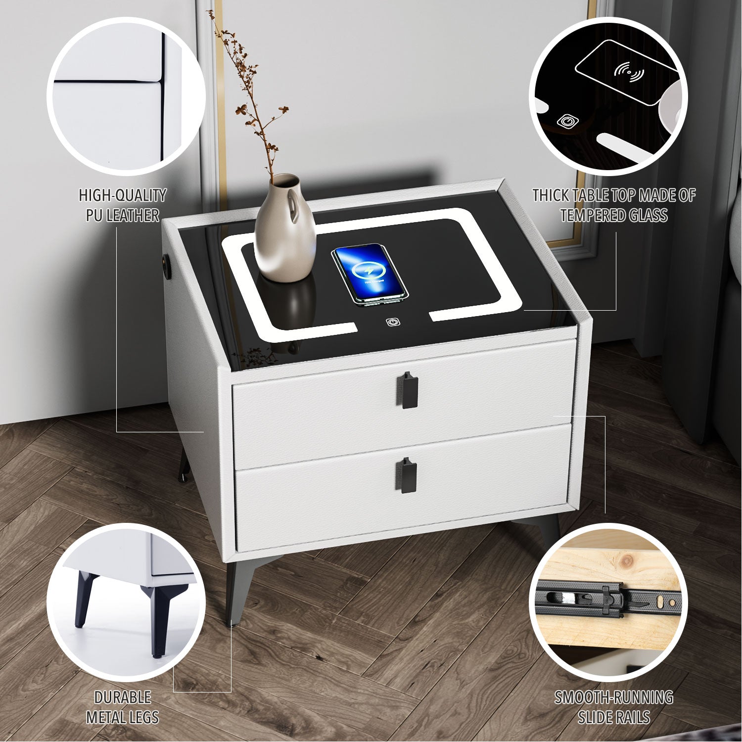 Bedside Table with Wireless Charging Function for Phones,