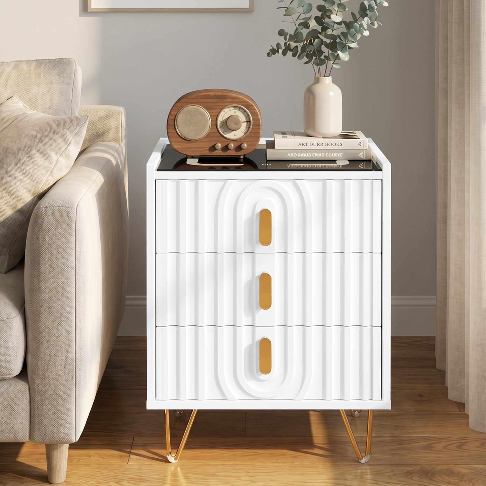 Modern 3-Drawer Nightstand with 15W Wireless Charging, USB & USB-C Ports, Dimmable LED Light Strip