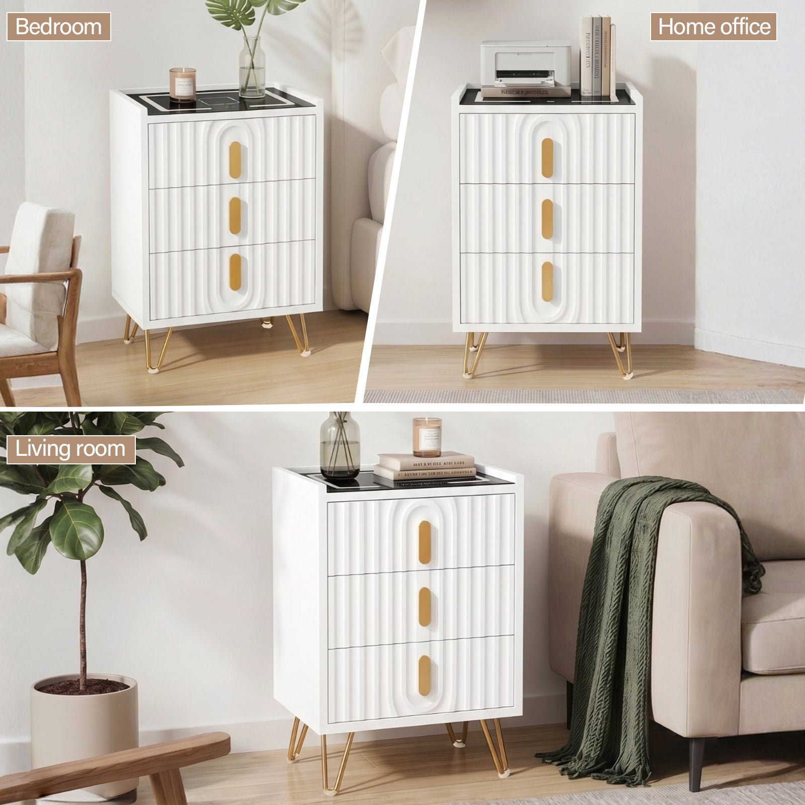 Modern 3-Drawer Nightstand with 15W Wireless Charging, USB & USB-C Ports, Dimmable LED Light Strip