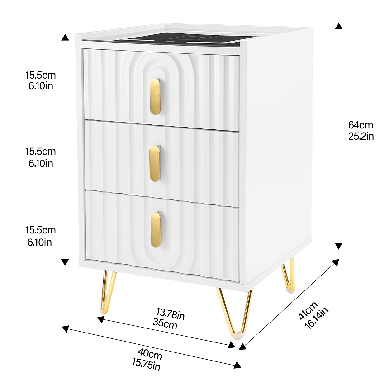 Modern 3-Drawer Nightstand with 15W Wireless Charging, USB & USB-C Ports, Dimmable LED Light Strip