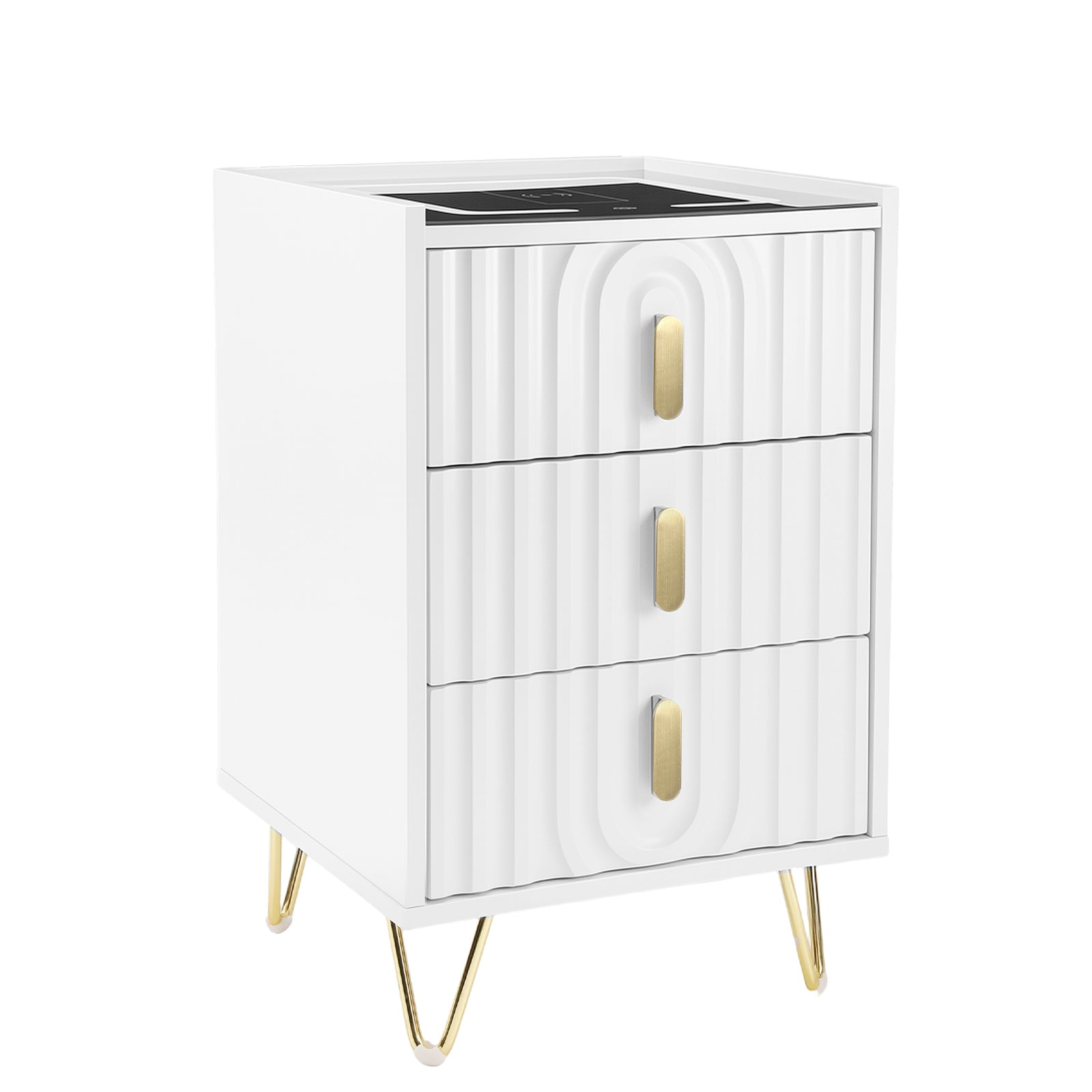 Modern 3-Drawer Nightstand with 15W Wireless Charging, USB & USB-C Ports, Dimmable LED Light Strip