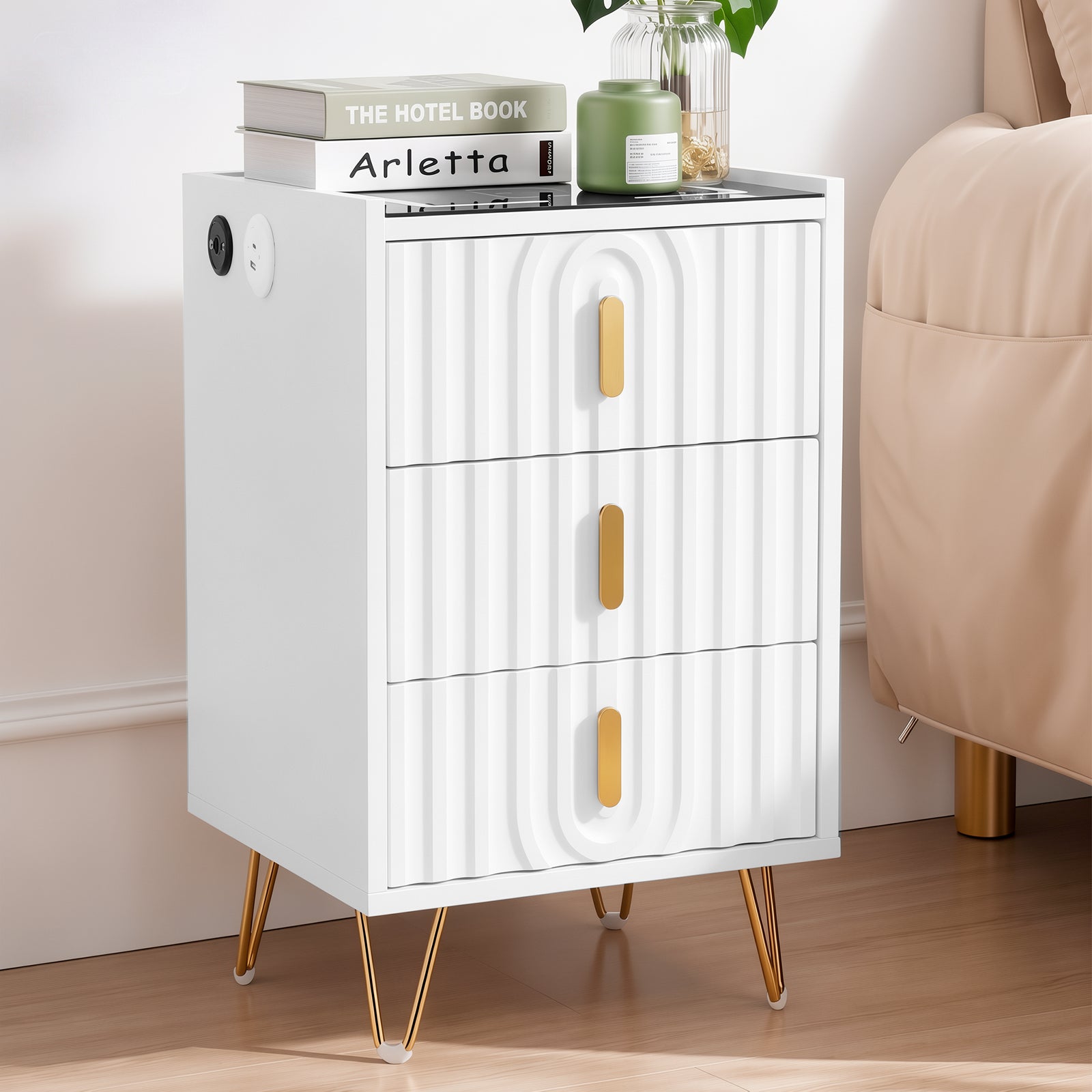 Modern 3-Drawer Nightstand with 15W Wireless Charging, USB & USB-C Ports, Dimmable LED Light Strip