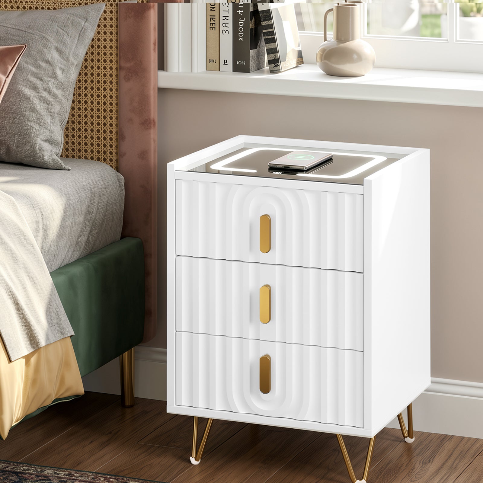 Modern 3-Drawer Nightstand with 15W Wireless Charging, USB & USB-C Ports, Dimmable LED Light Strip