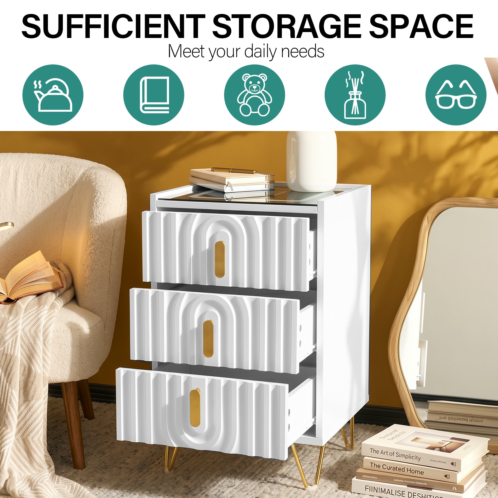 Modern 3-Drawer Nightstand with 15W Wireless Charging, USB & USB-C Ports, Dimmable LED Light Strip