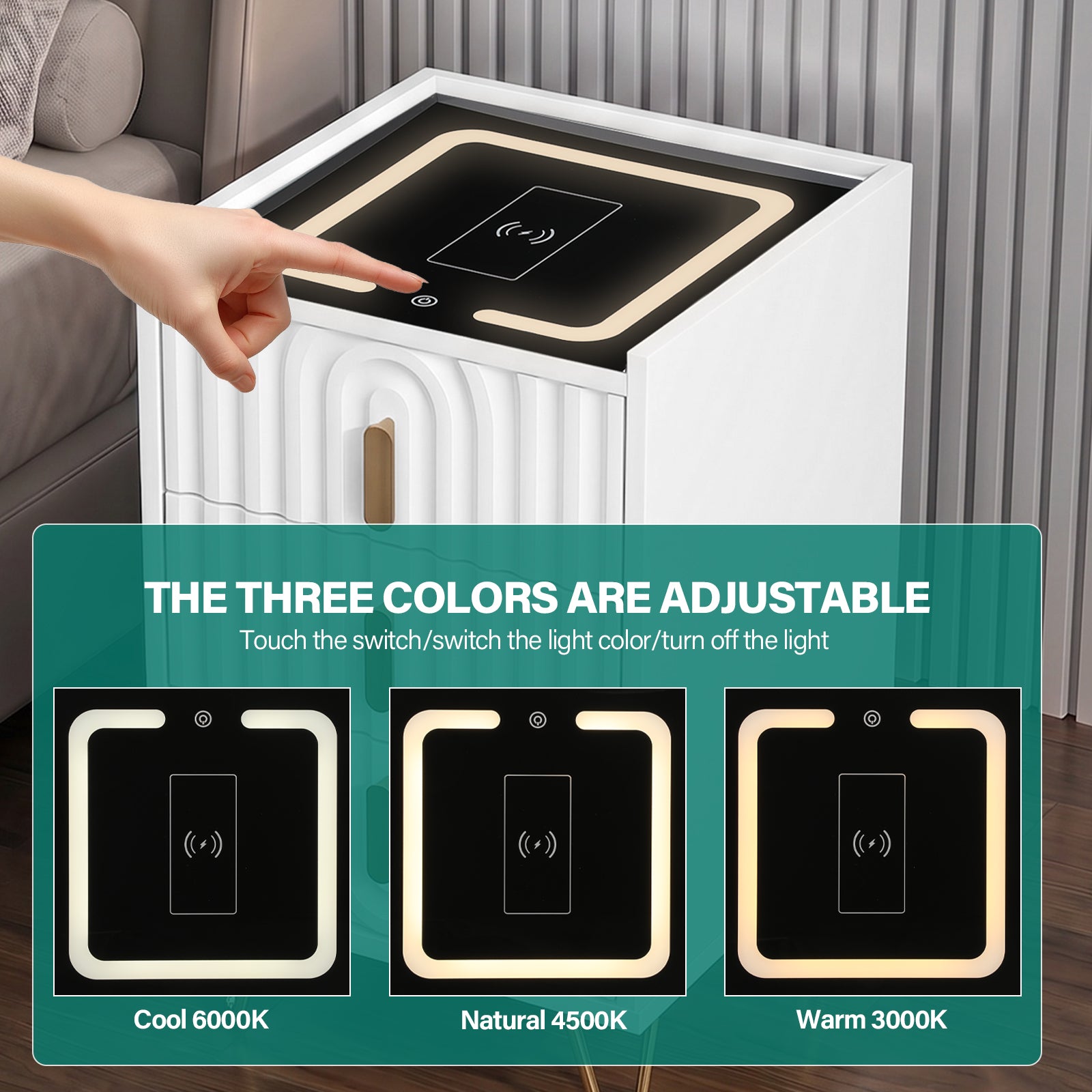 Modern 3-Drawer Nightstand with 15W Wireless Charging, USB & USB-C Ports, Dimmable LED Light Strip