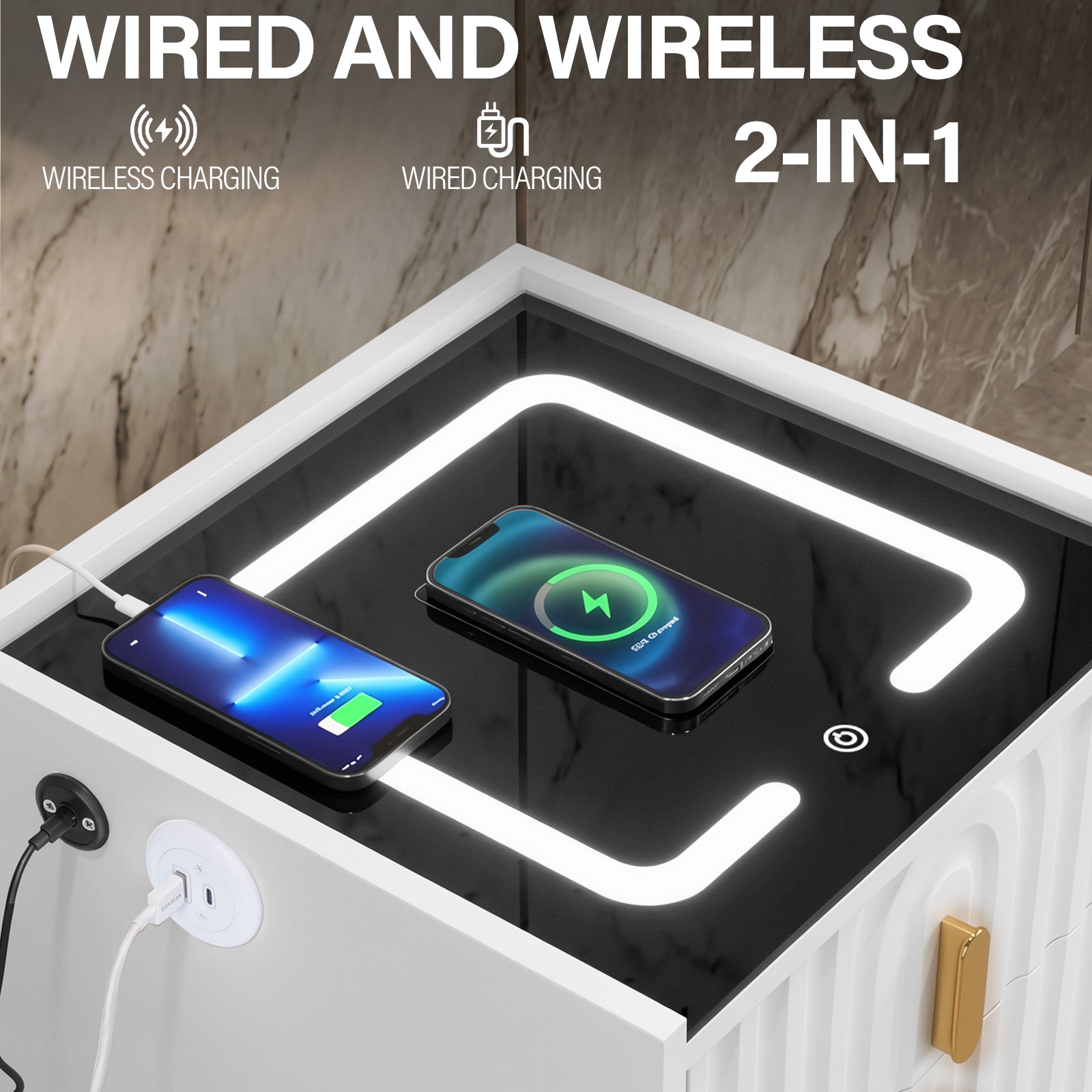 Modern 3-Drawer Nightstand with 15W Wireless Charging, USB & USB-C Ports, Dimmable LED Light Strip