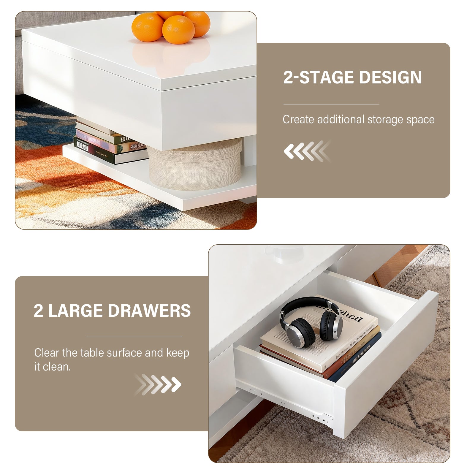 OYAJIA Modern Coffee Table with Two Drawers and Open Storage