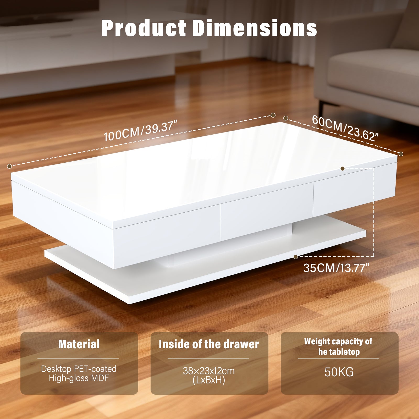 OYAJIA Modern Coffee Table with Two Drawers and Open Storage