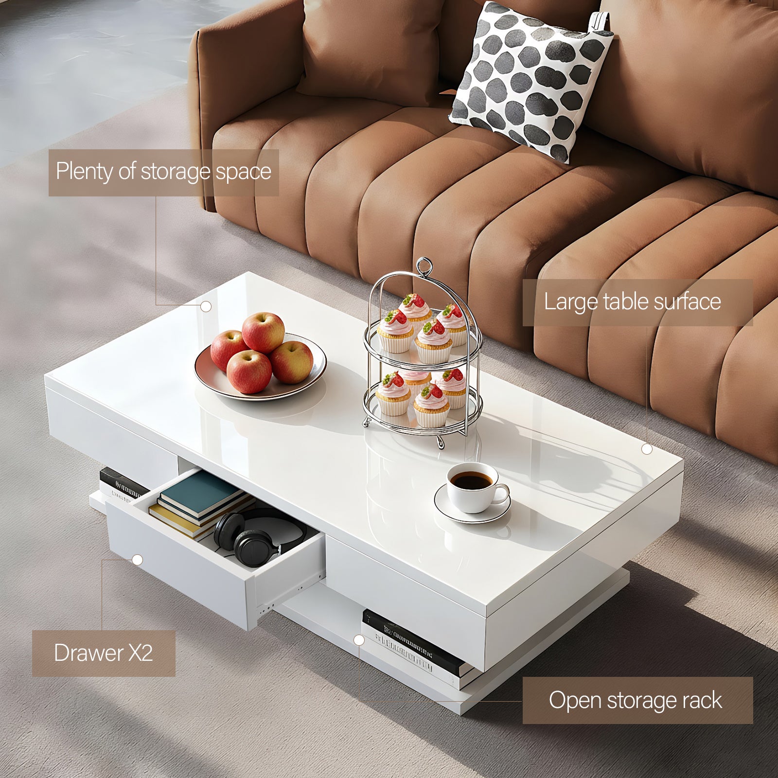 OYAJIA Modern Coffee Table with Two Drawers and Open Storage