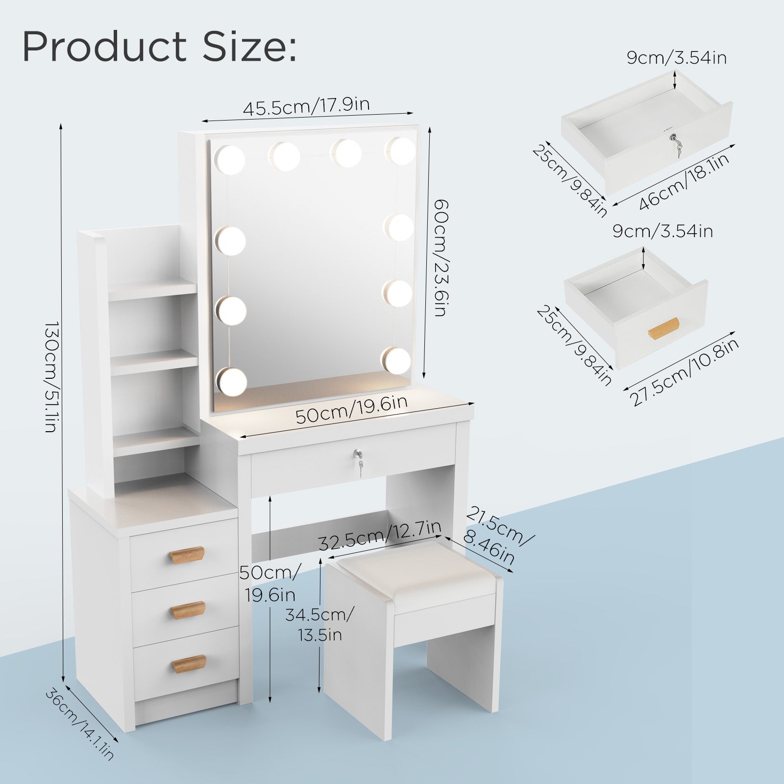Vanity Table with LED Lights and Adjustable Brightness,80*36*135.5cm