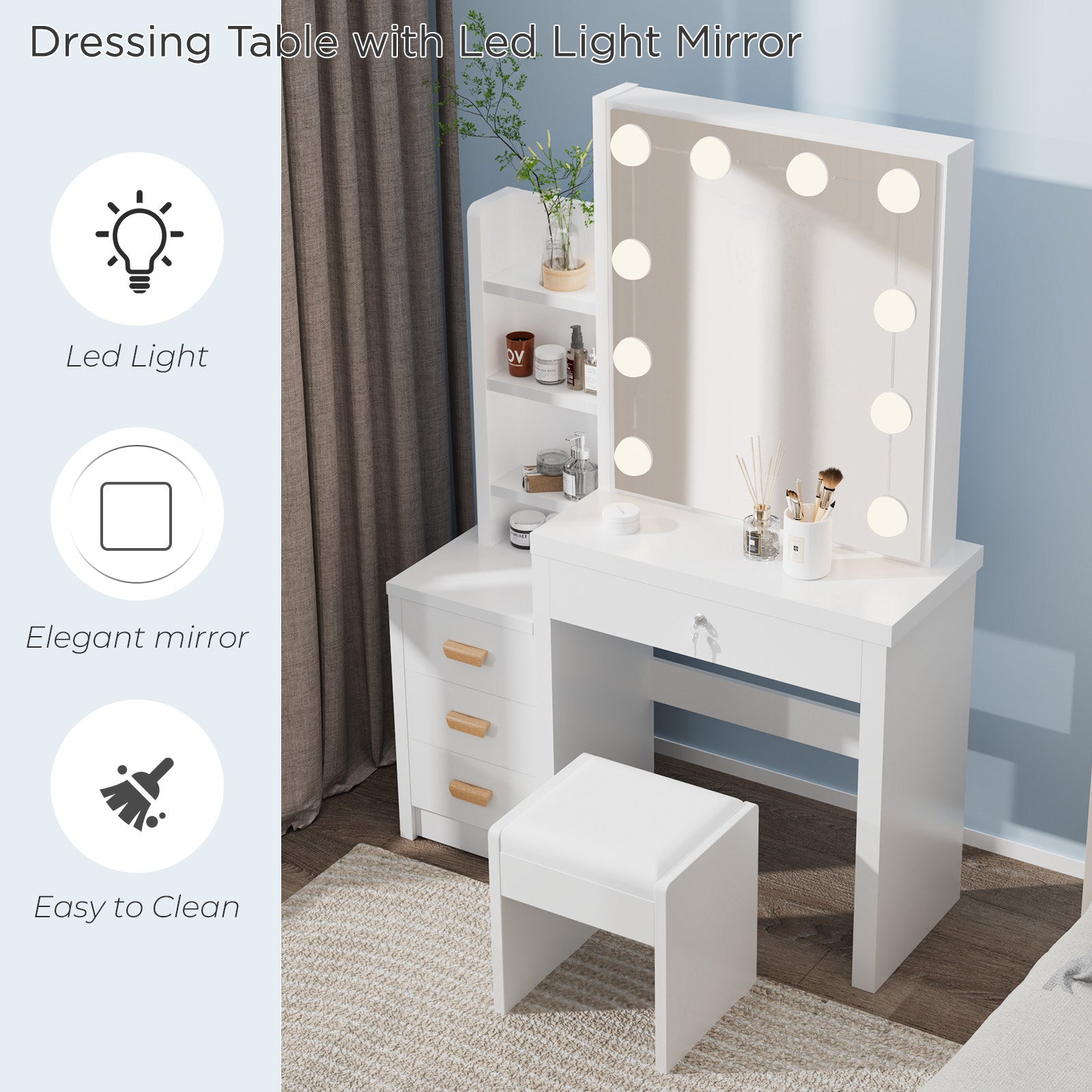 Vanity Table with LED Lights and Adjustable Brightness,80*36*135.5cm