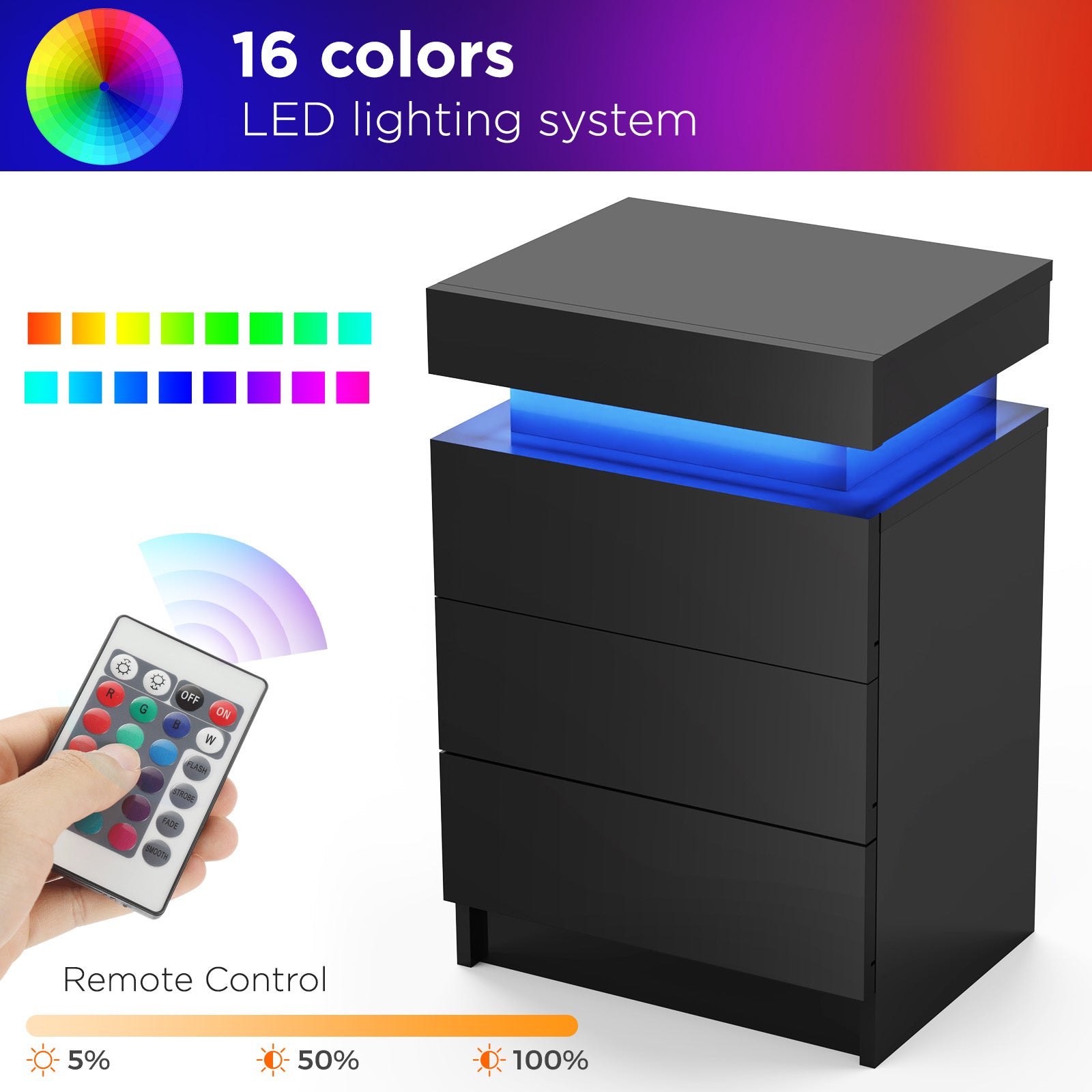High Gloss 2/3 Drawer Bedside Table Cabinet LED RGB Light Storage Bedside Table