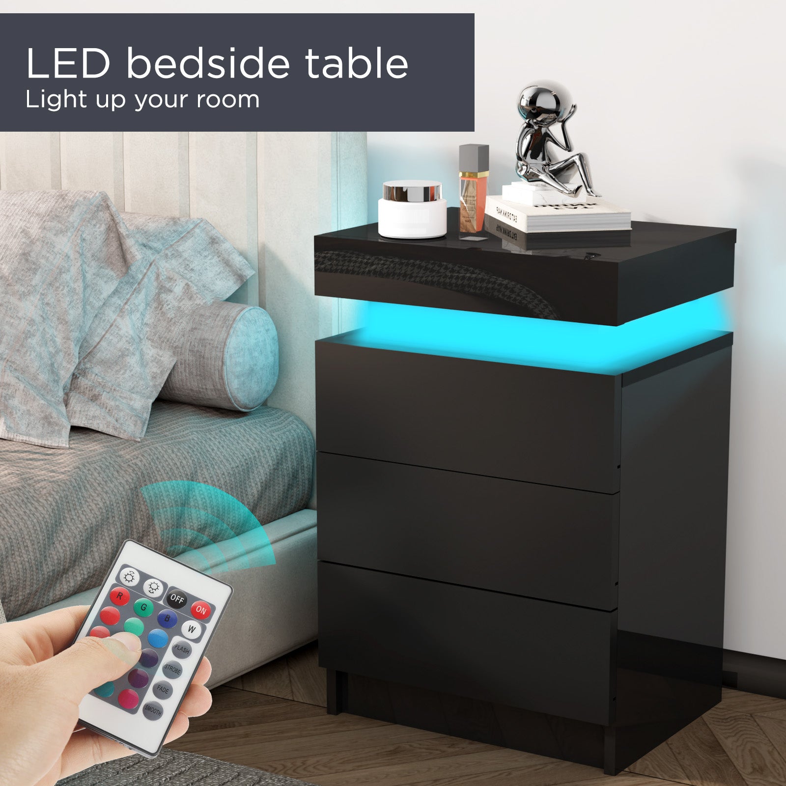 High Gloss 2/3 Drawer Bedside Table Cabinet LED RGB Light Storage Bedside Table