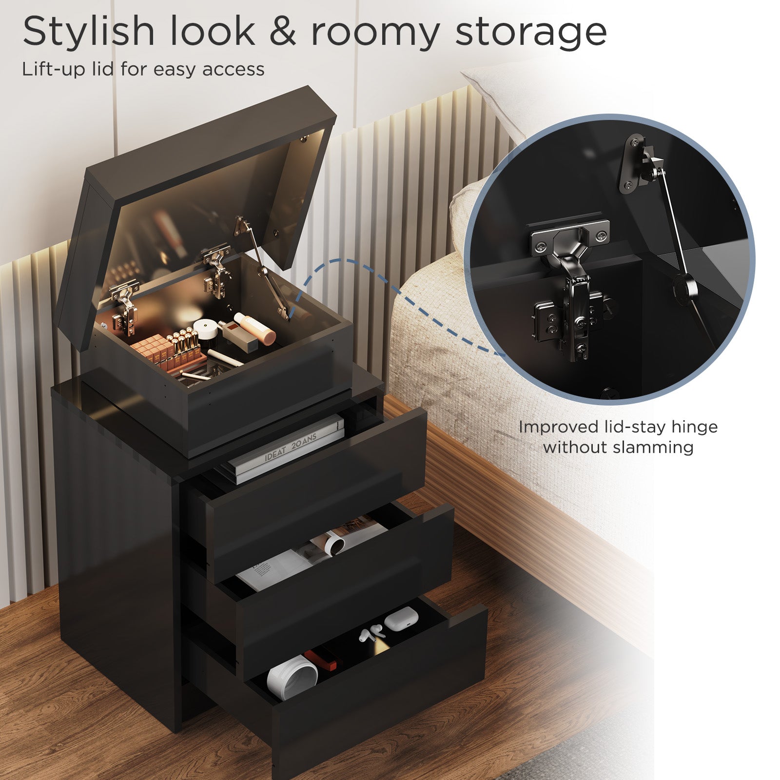 High Gloss 2/3 Drawer Bedside Table Cabinet LED RGB Light Storage Bedside Table