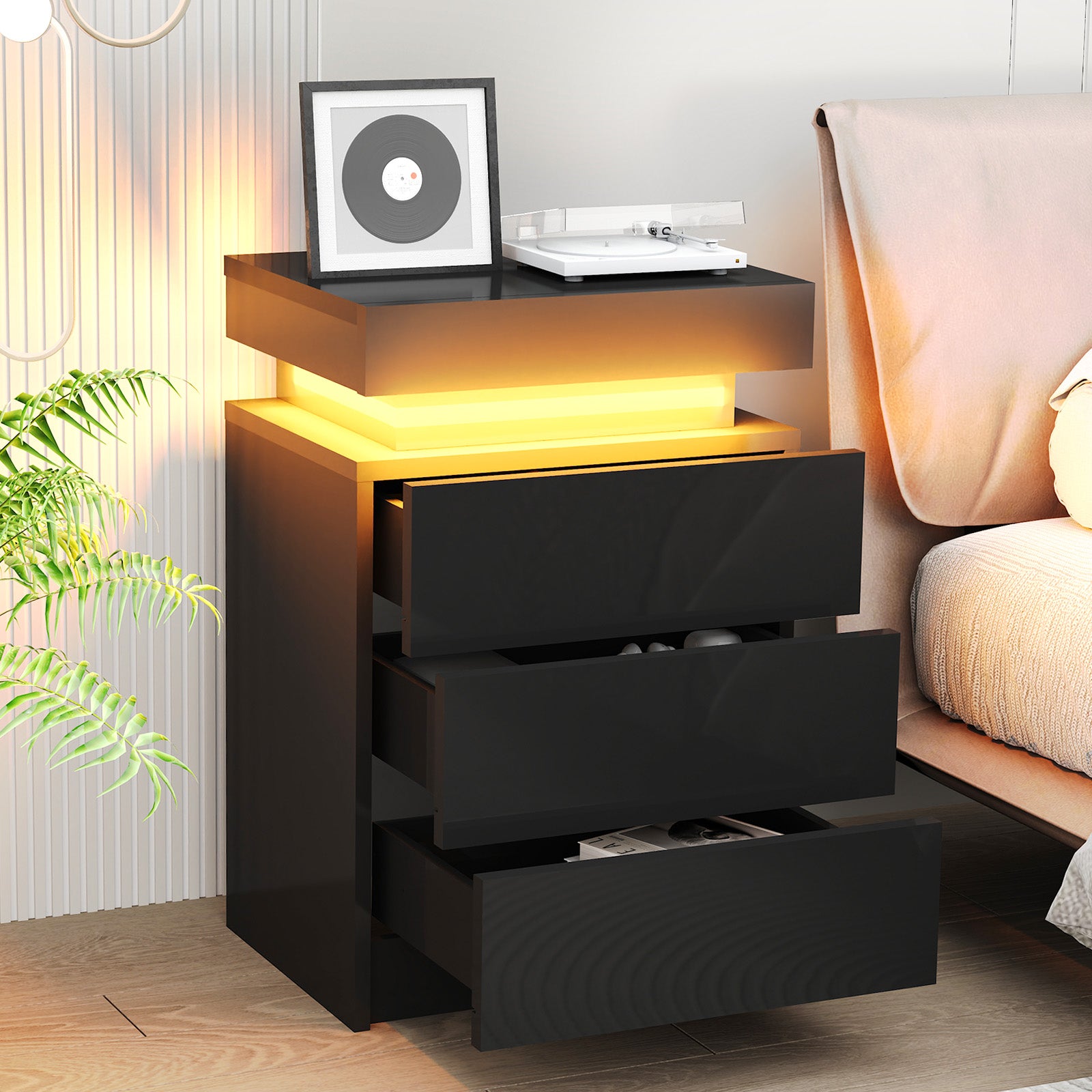 High Gloss 2/3 Drawer Bedside Table Cabinet LED RGB Light Storage Bedside Table
