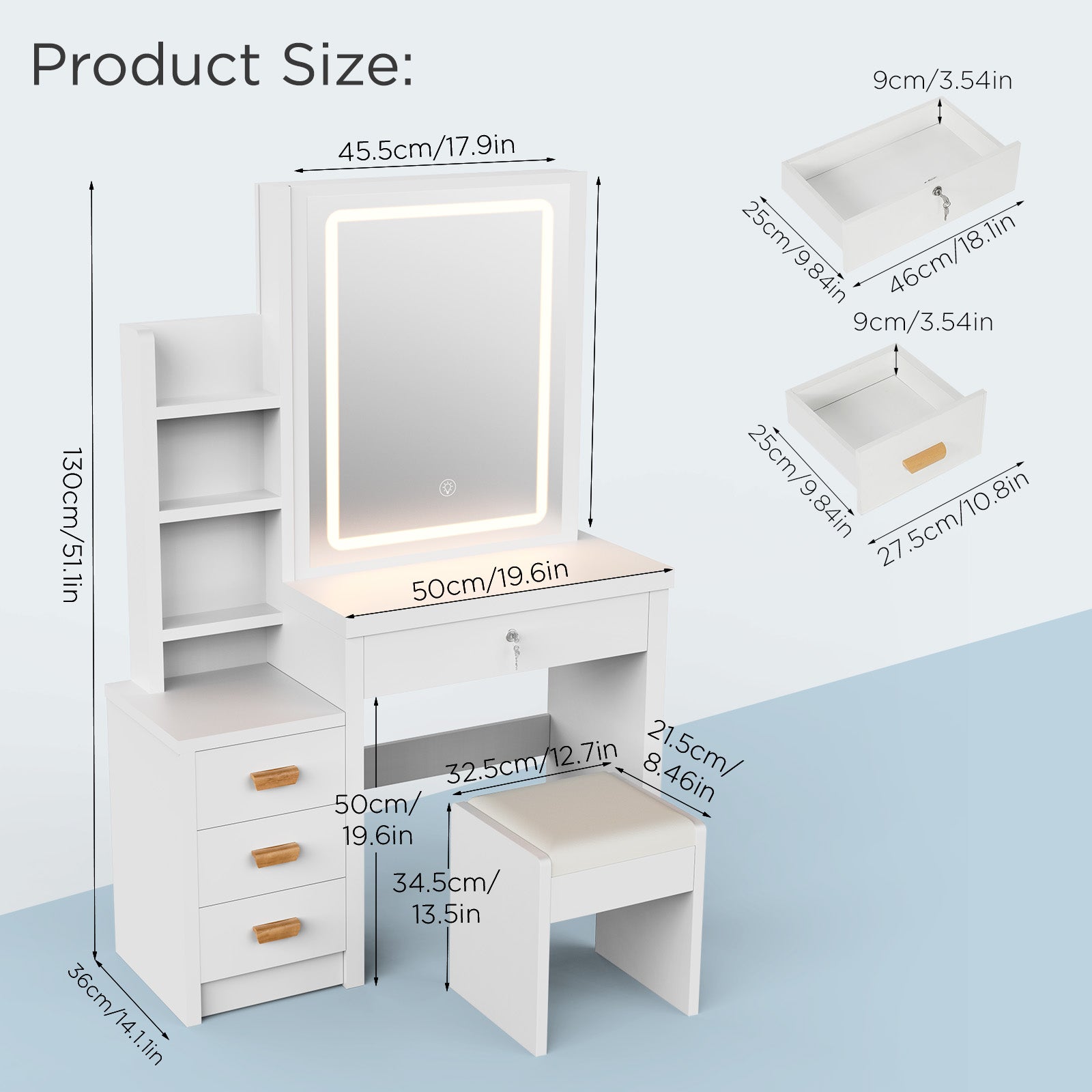 Vanity Table with LED Lights and Adjustable Brightness,4 Drawers and 3 Storage Shelves