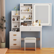 Vanity Table with LED Lights and Adjustable Brightness,4 Drawers and 3 Storage Shelves