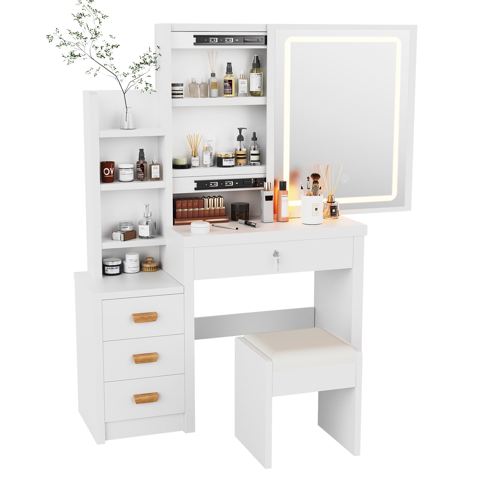 Vanity Table with LED Lights and Adjustable Brightness,4 Drawers and 3 Storage Shelves