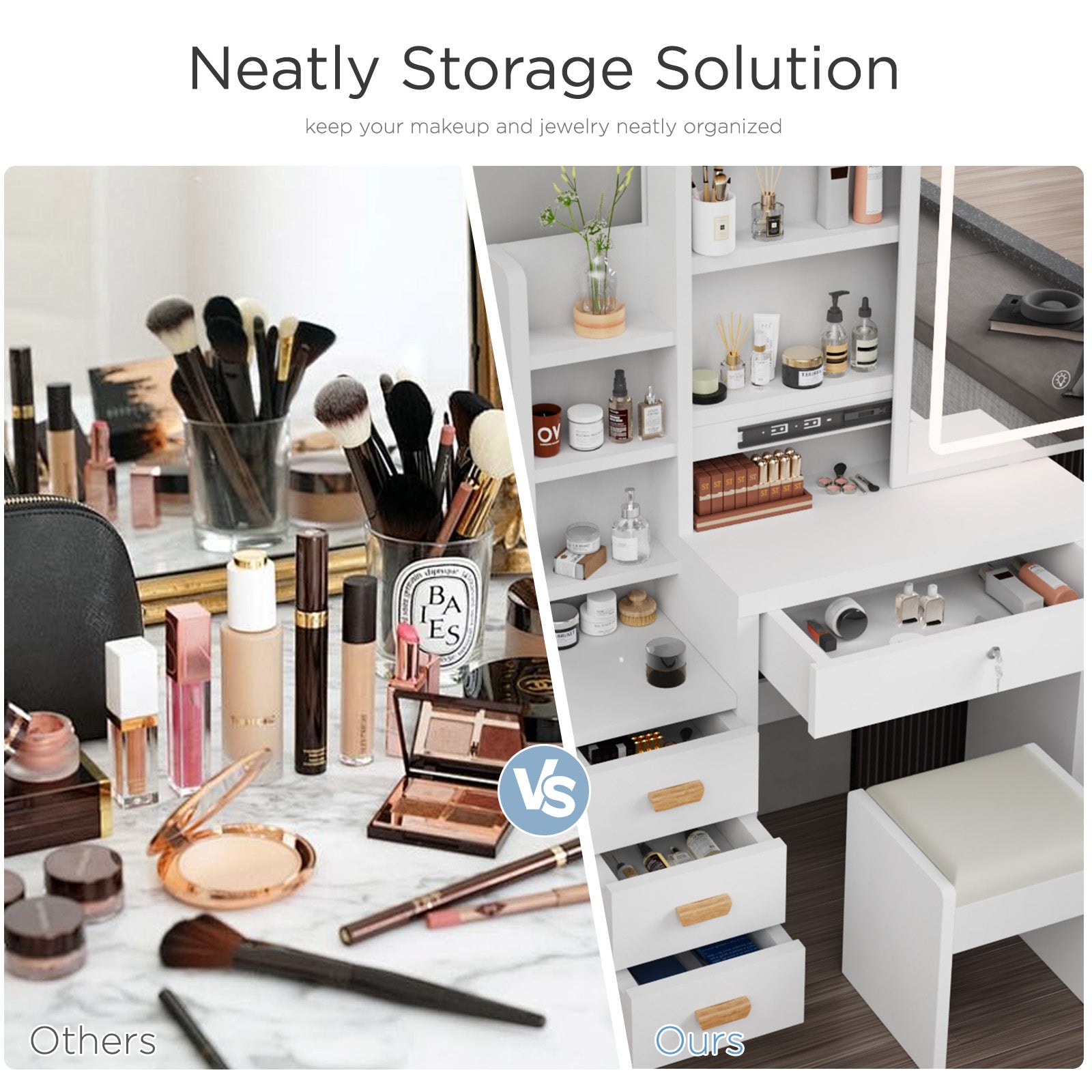 Vanity Table with LED Lights and Adjustable Brightness,4 Drawers and 3 Storage Shelves