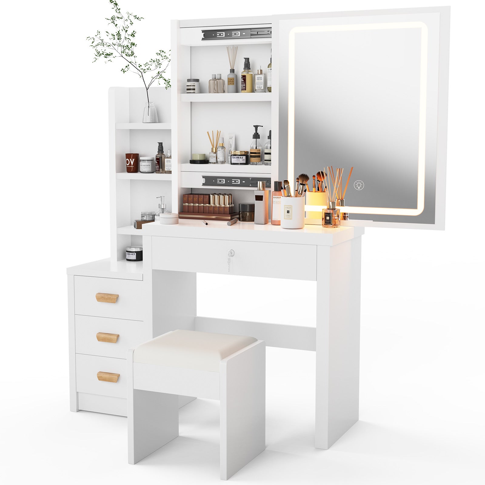 Vanity Table with LED Lights and Adjustable Brightness,4 Drawers and 3 Storage Shelves