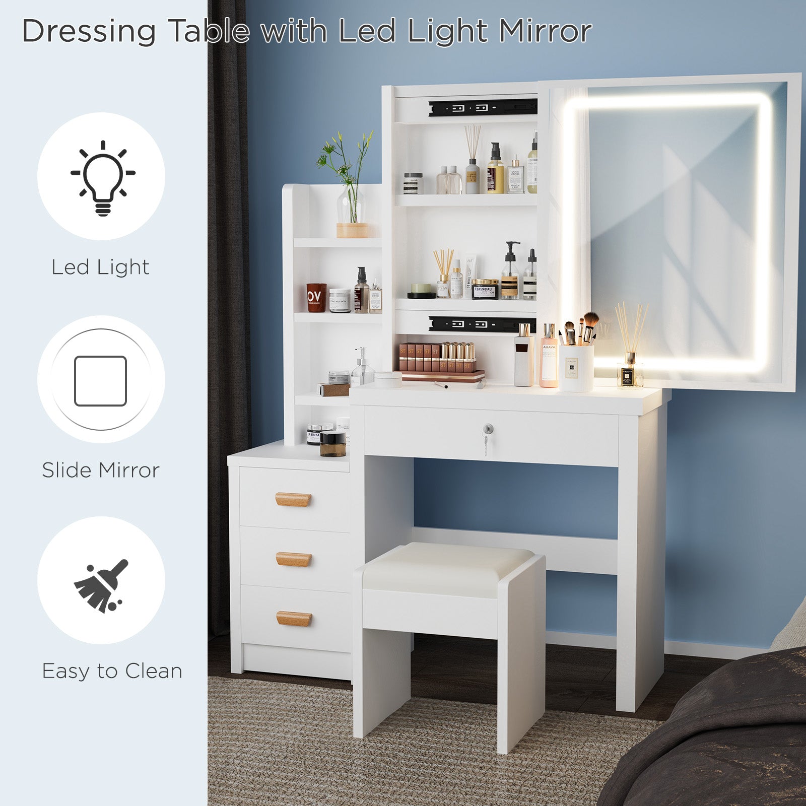 Vanity Table with LED Lights and Adjustable Brightness,4 Drawers and 3 Storage Shelves