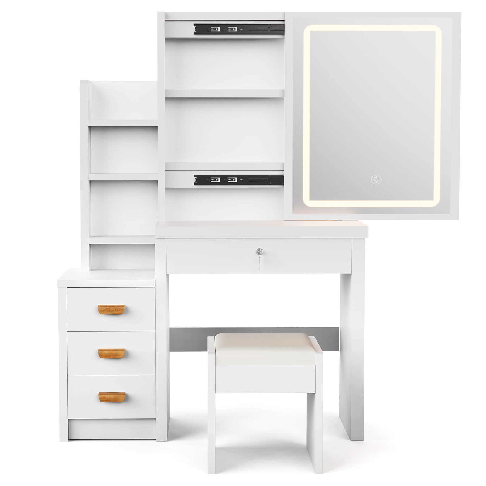 Vanity Table with LED Lights and Adjustable Brightness,4 Drawers and 3 Storage Shelves