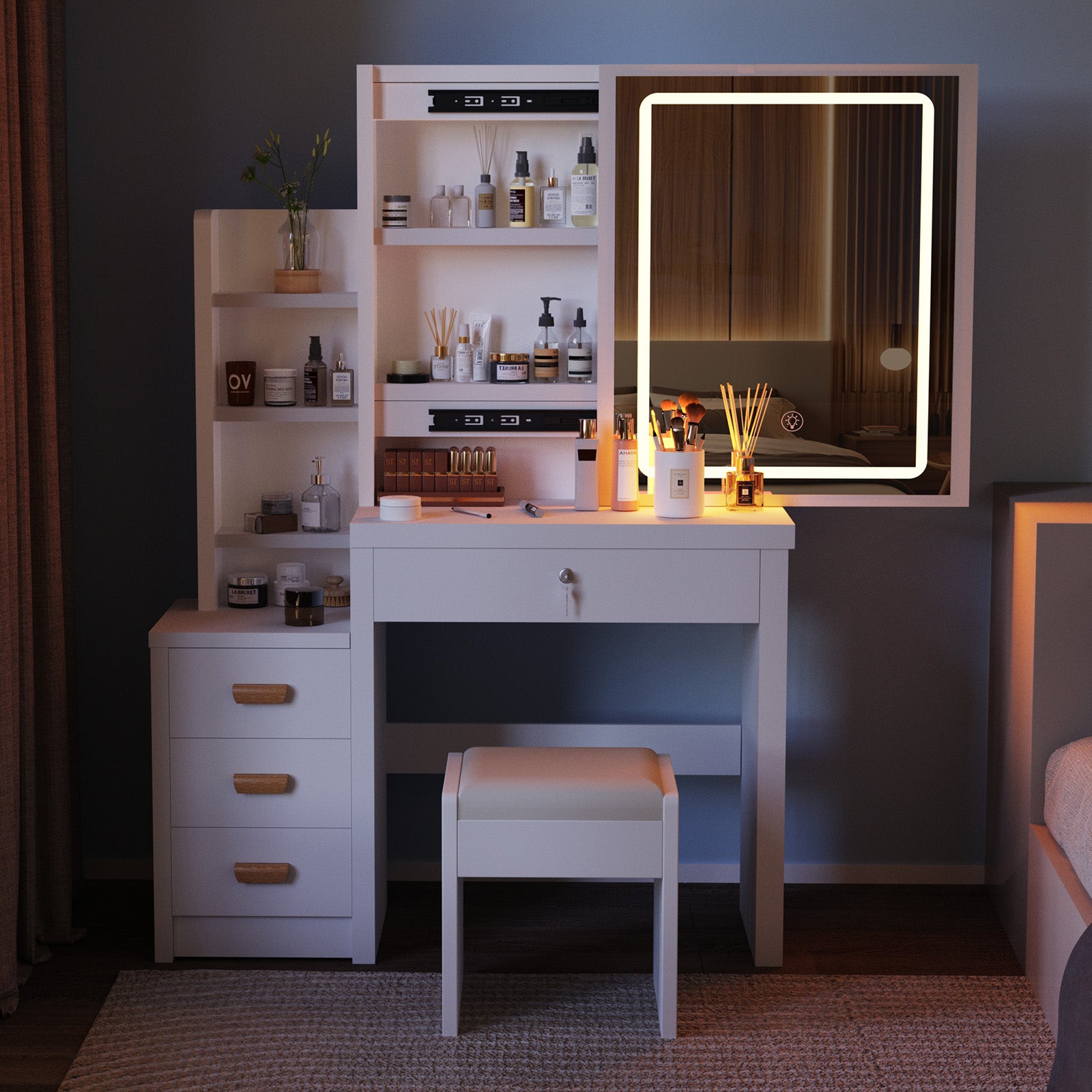 Vanity Table with LED Lights and Adjustable Brightness,4 Drawers and 3 Storage Shelves