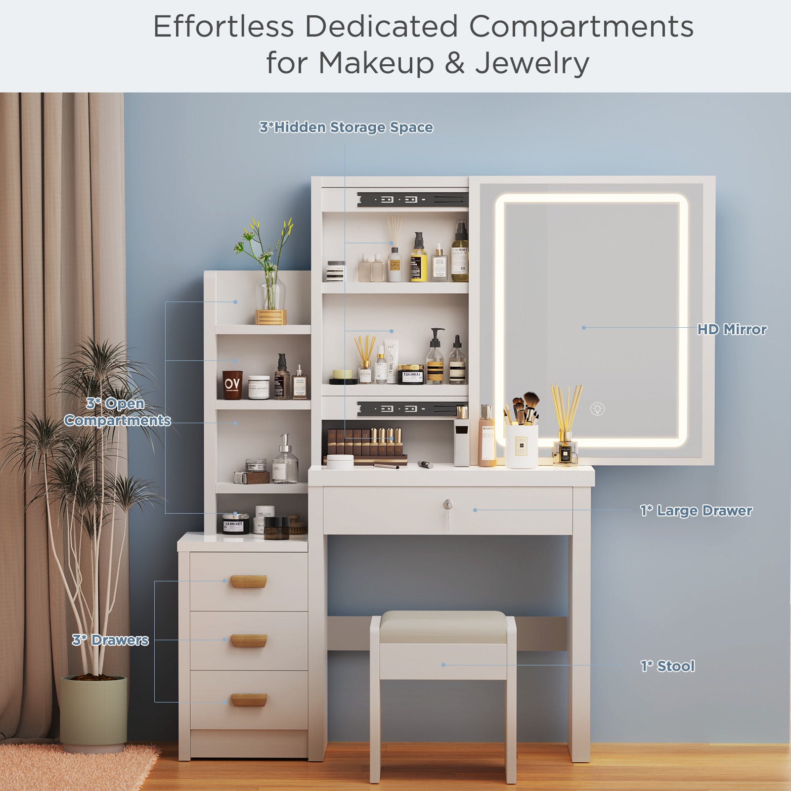 Vanity Table with LED Lights and Adjustable Brightness,4 Drawers and 3 Storage Shelves
