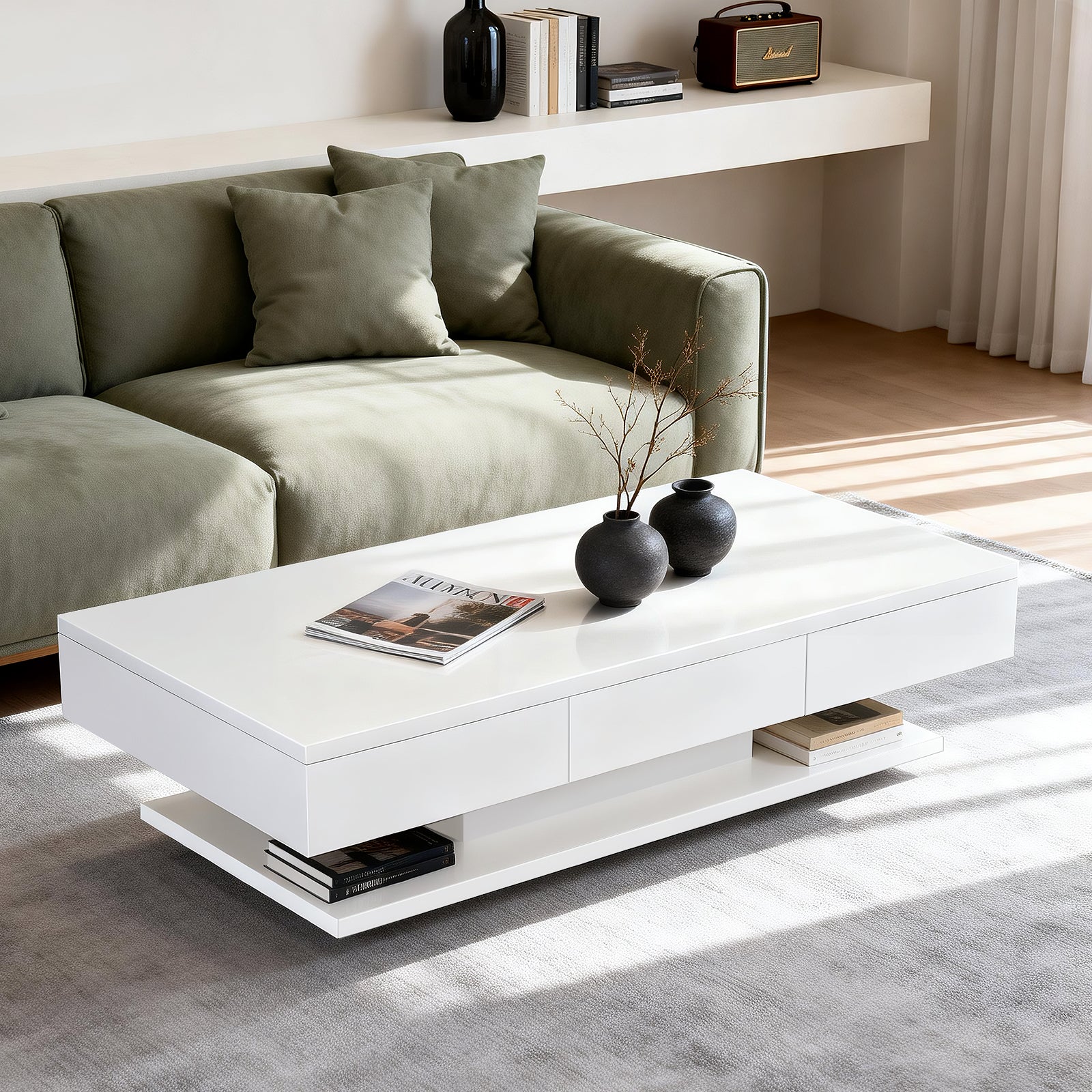 OYAJIA Modern Coffee Table with Two Drawers and Open Storage