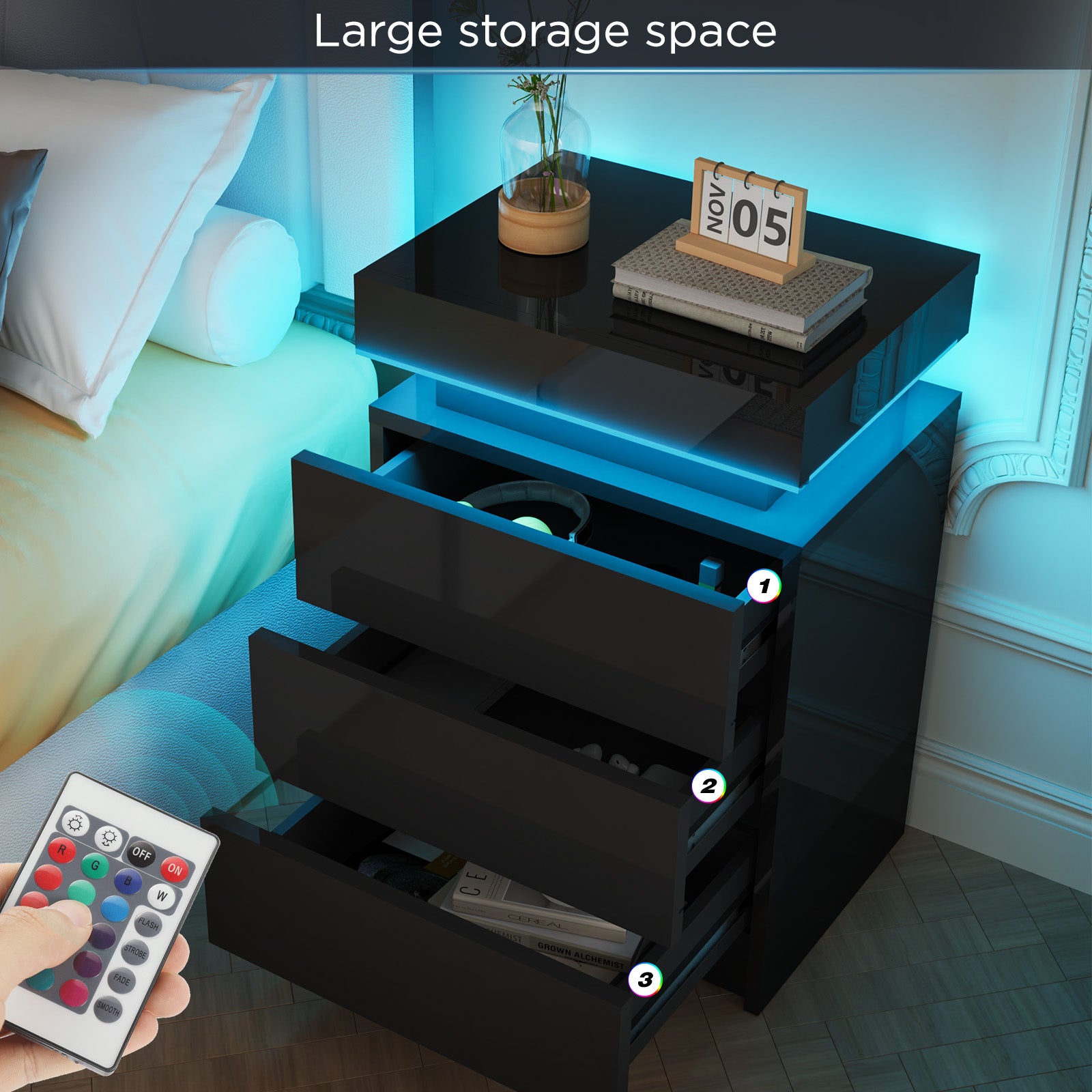 High Gloss 2/3 Drawer Bedside Table Cabinet LED RGB Light Storage Bedside Table