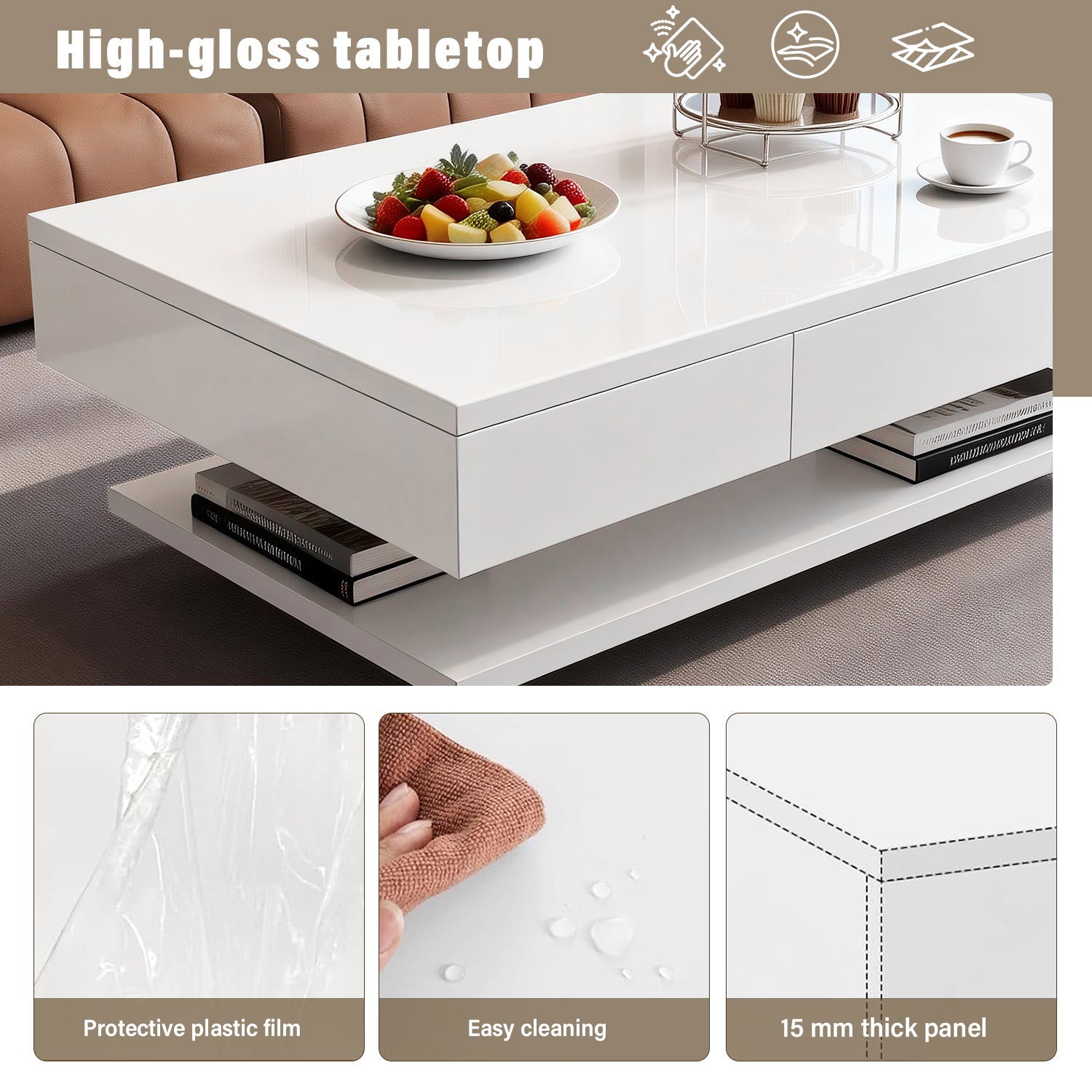 OYAJIA Modern Coffee Table with Two Drawers and Open Storage