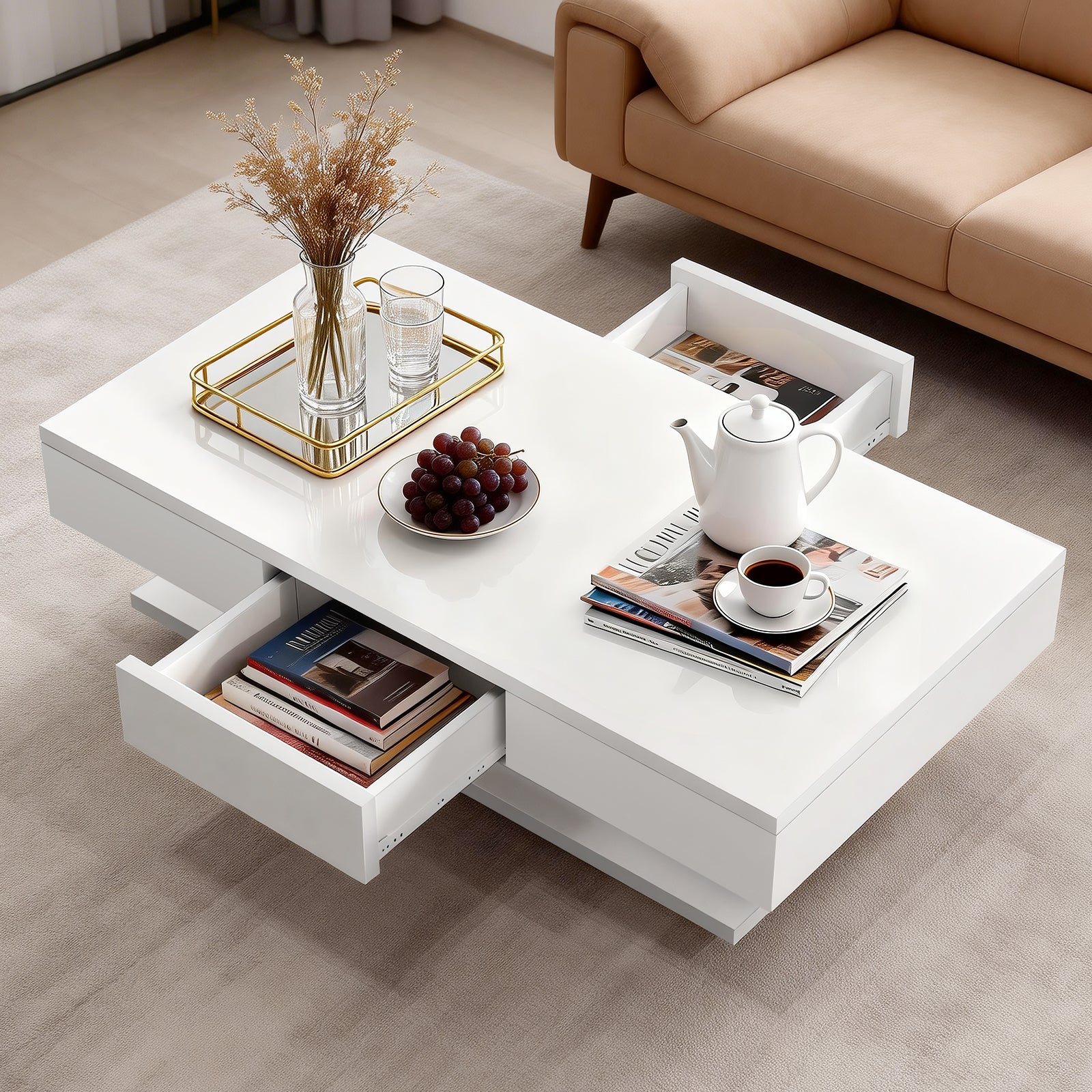 OYAJIA Modern Coffee Table with Two Drawers and Open Storage