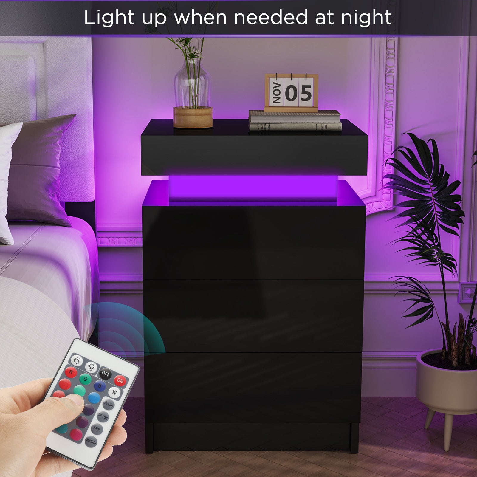 High Gloss 2/3 Drawer Bedside Table Cabinet LED RGB Light Storage Bedside Table