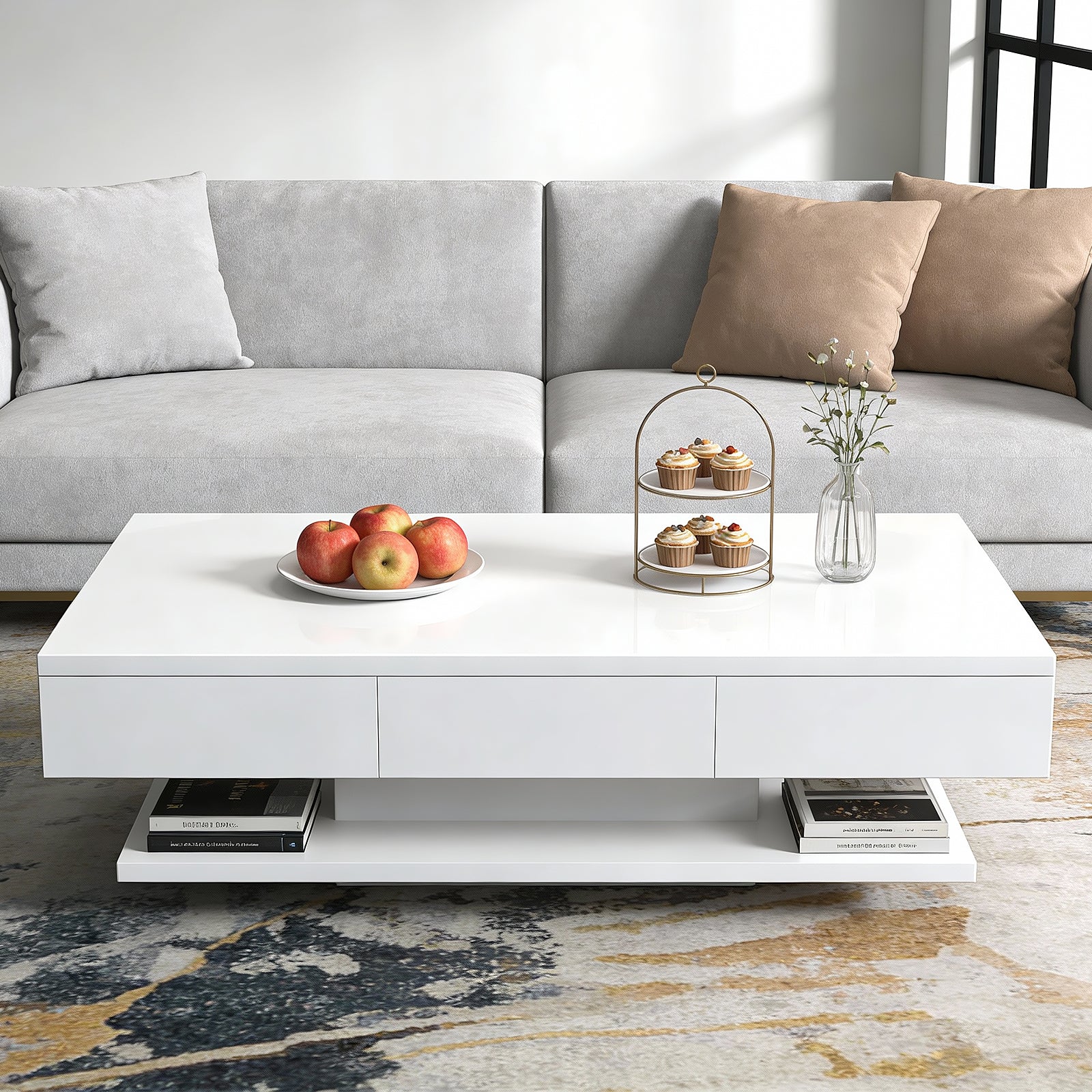 OYAJIA Modern Coffee Table with Two Drawers and Open Storage