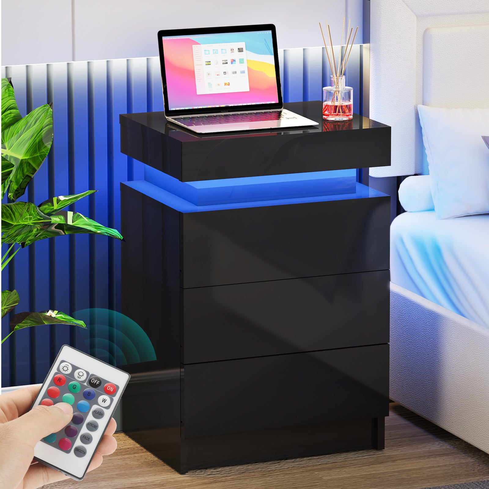 High Gloss 2/3 Drawer Bedside Table Cabinet LED RGB Light Storage Bedside Table