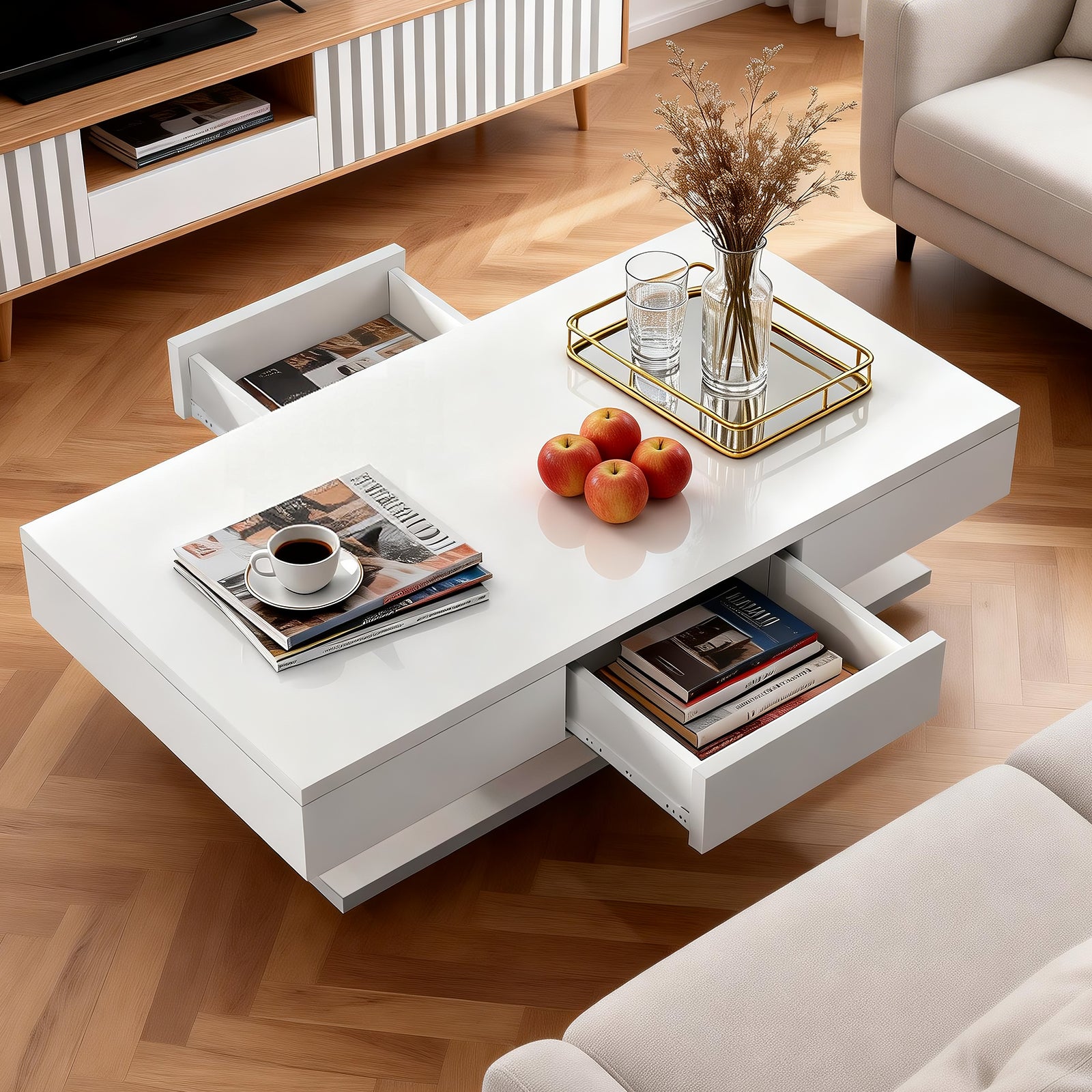 OYAJIA Modern Coffee Table with Two Drawers and Open Storage