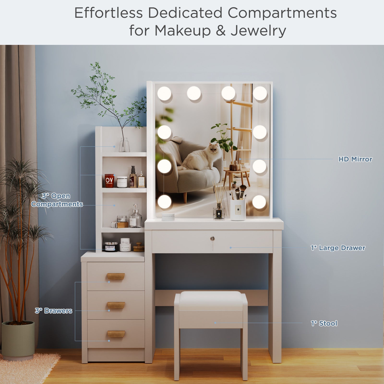 Vanity Table with LED Lights and Adjustable Brightness,80*36*135.5cm