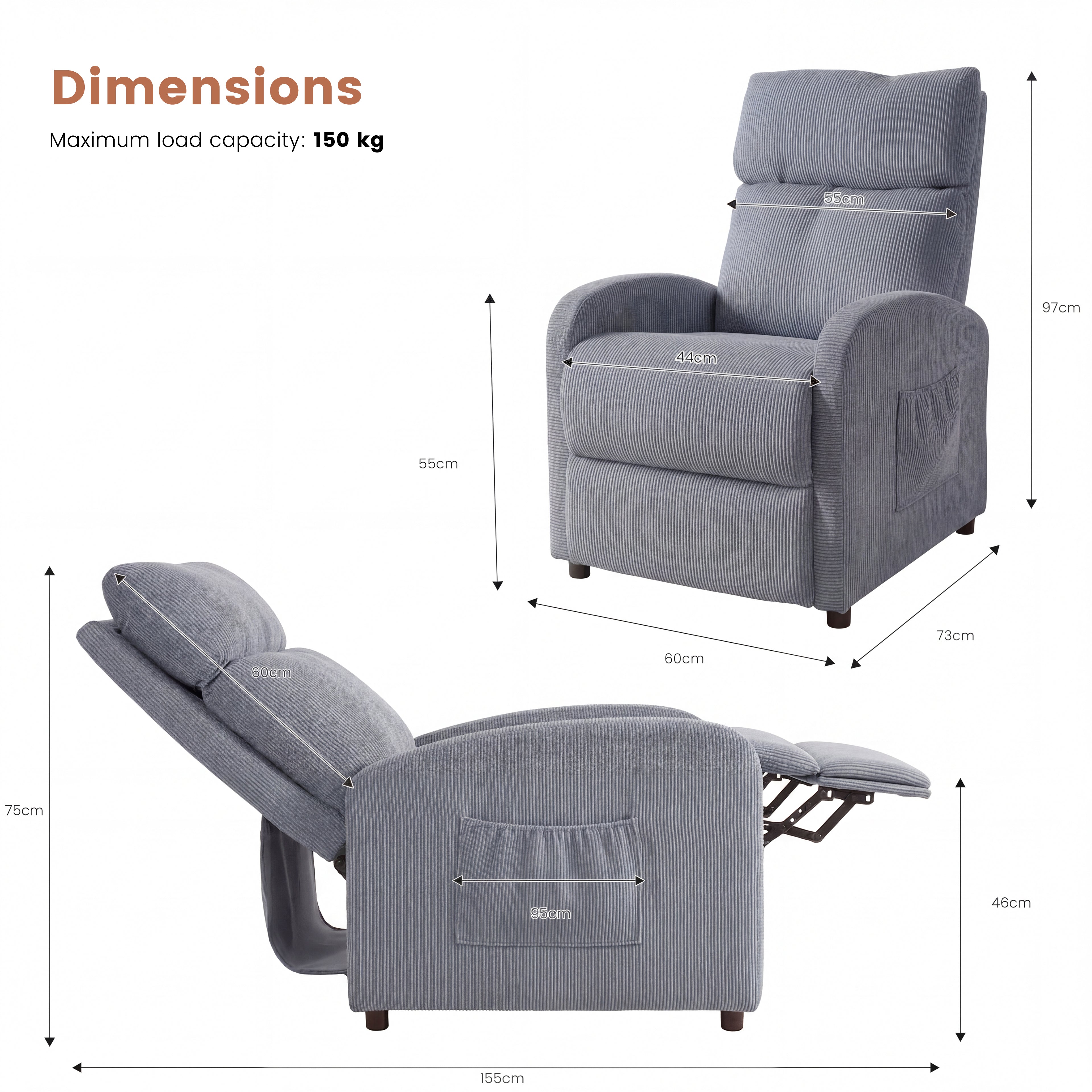 OYAJIA Ergonomic Reclining Lounge Chair with Adjustable Backrest and Side Pocket